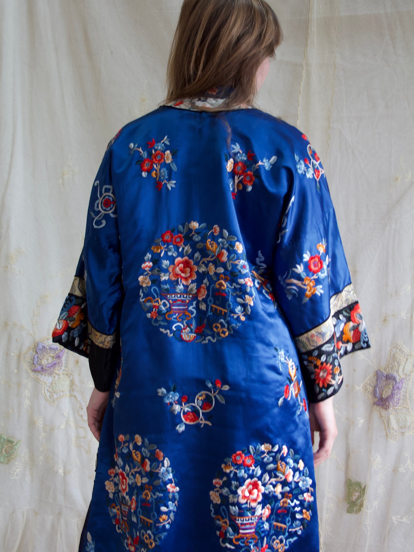 1940s Royal Blue Silk Chinese Mandarin Collar Robe