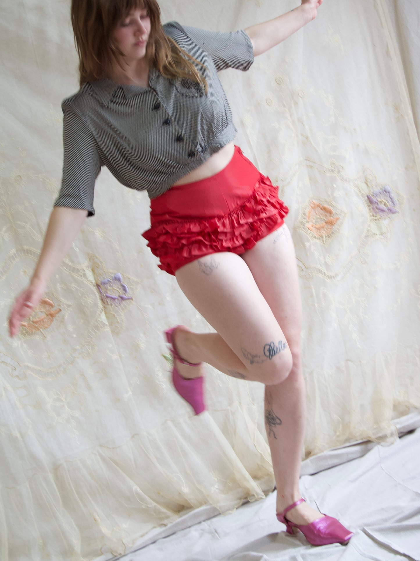 1940s Sharkskin Ruffle trim Side Zip Hot Pants