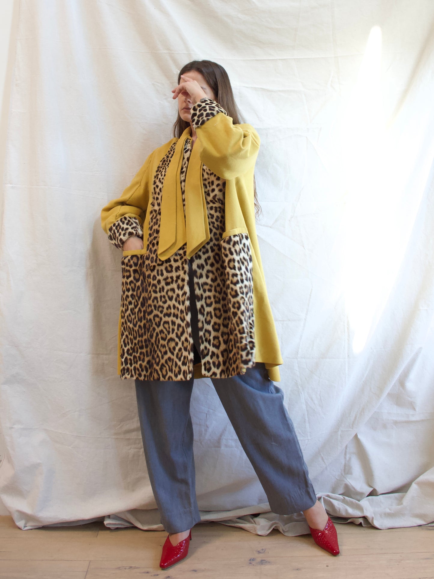 1940s Lemon Yellow Wool & Real Leopard Fur Swing Coat