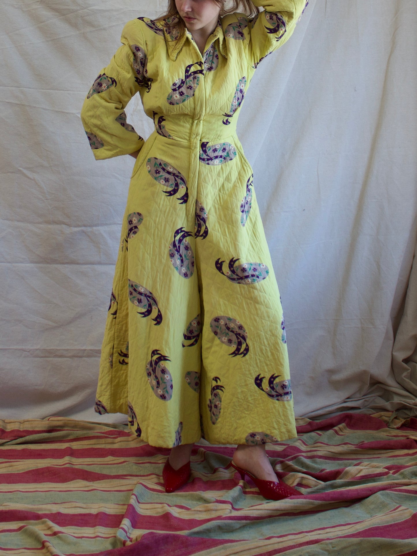 1940s Quilted Novelty Print Palazzo Pant Zip Front Jumpsuit