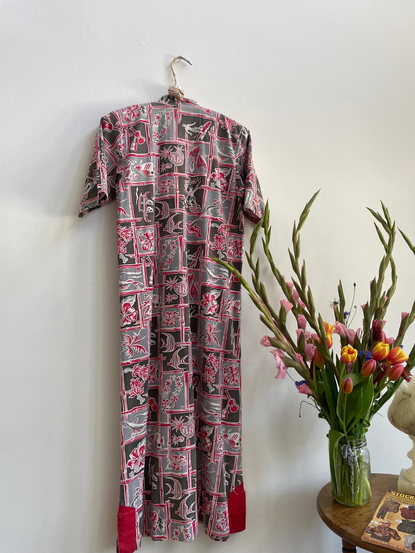 1930s Hawaiian Surf Print Cotton Mandarin Collar Dress