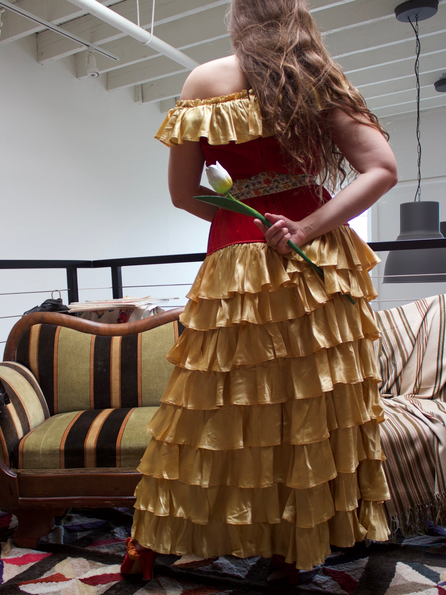 1930s Crimson Velveteen & Gold Liquid Satin Tiered Ruffle Gown