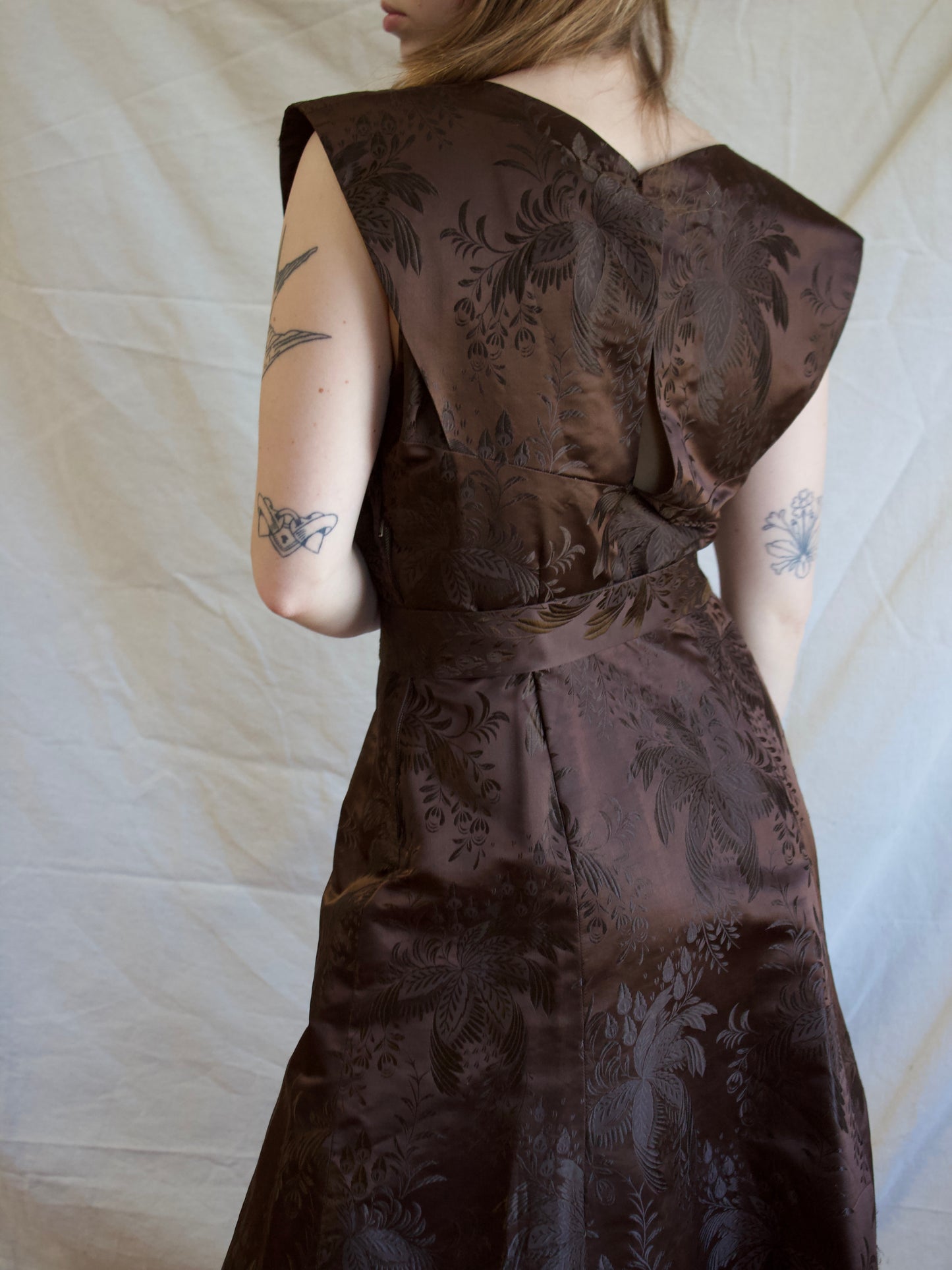 1930s Silk Satin Jacquard & Lamé Sequin Trim Gown