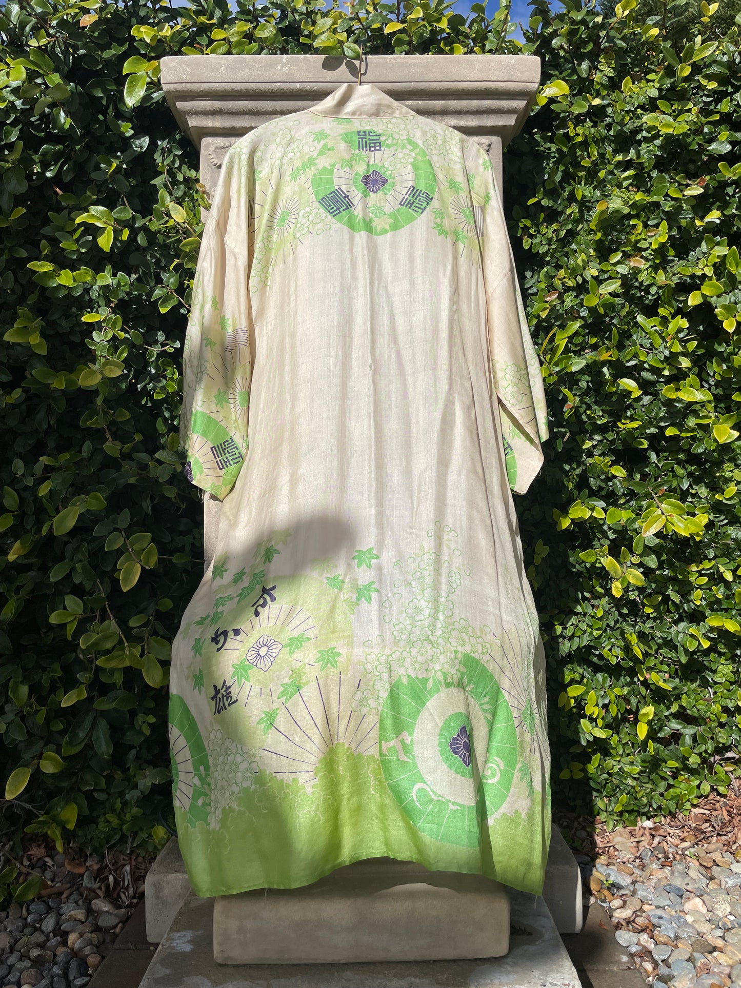 1920s Acid Green Print Japanese Pongee Silk Robe