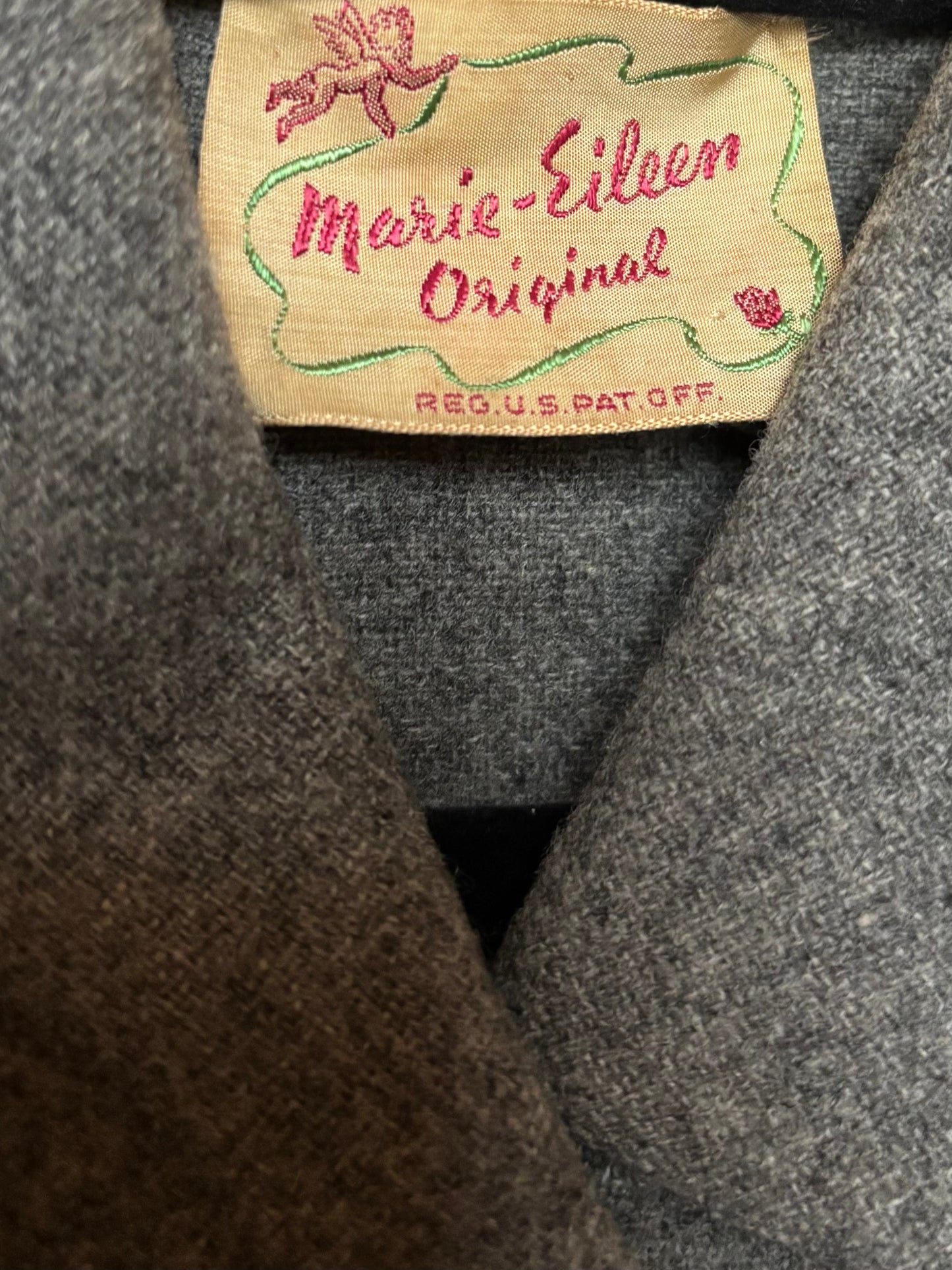 1940s 3D Rose and Embroidered Slate Grey Wool Button Front Dress