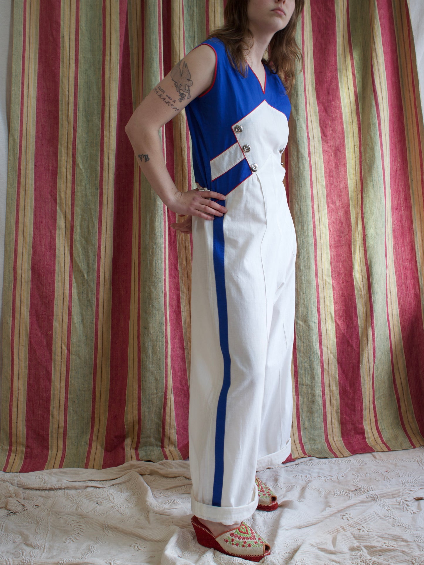 Rare 1930s Tri-Tone Cotton Side Button Beach Pajamas / Overalls w* Side Cinch