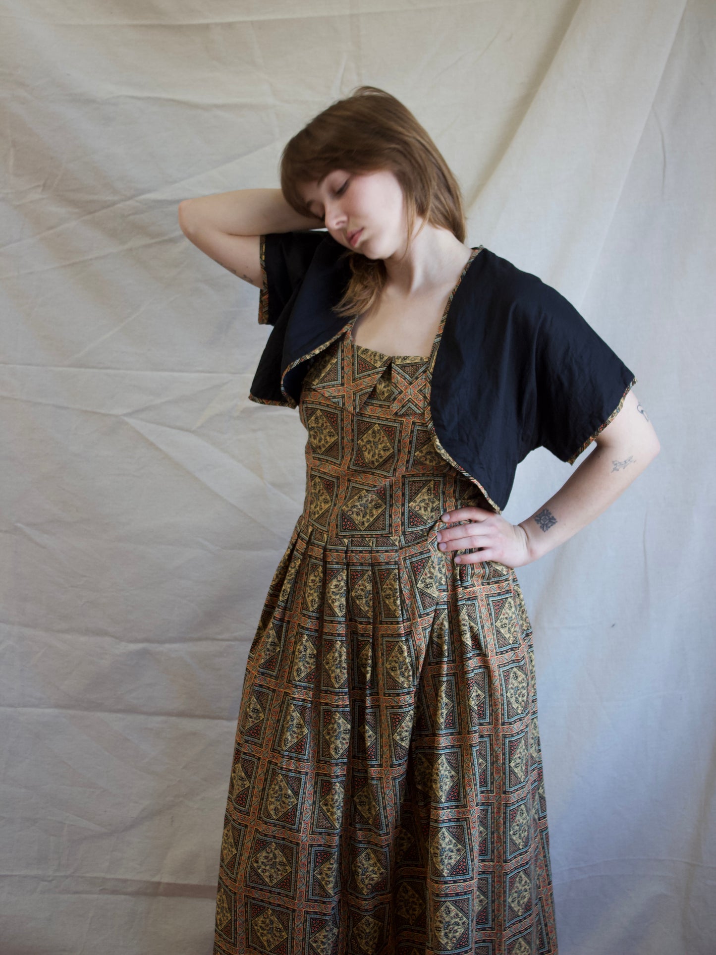 1950s Two Piece Paisley Printed Cotton Sundress + Bolero