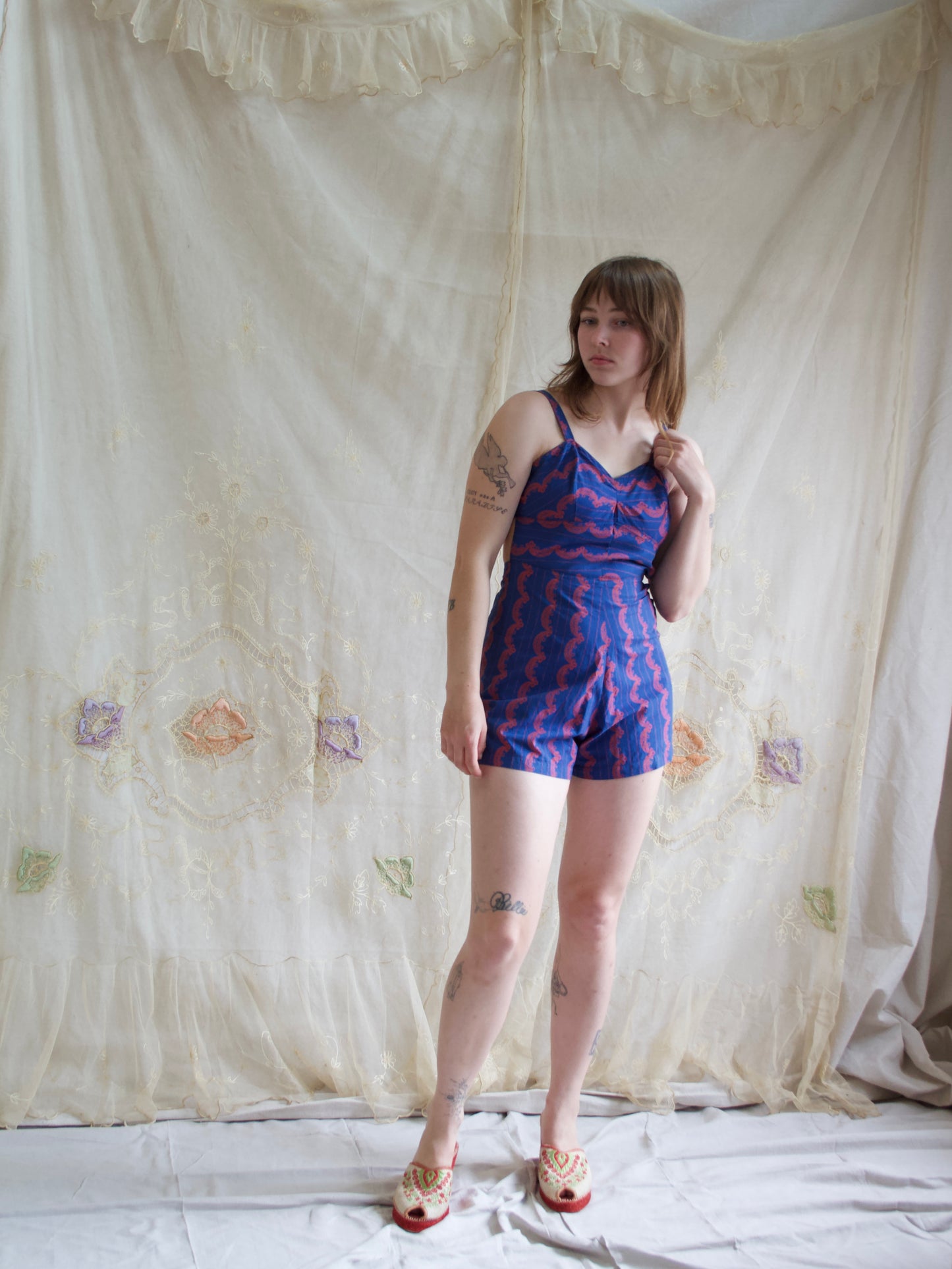 1940s Indigo Cotton Novelty Print Open-Tie-Back Side Button Playsuit