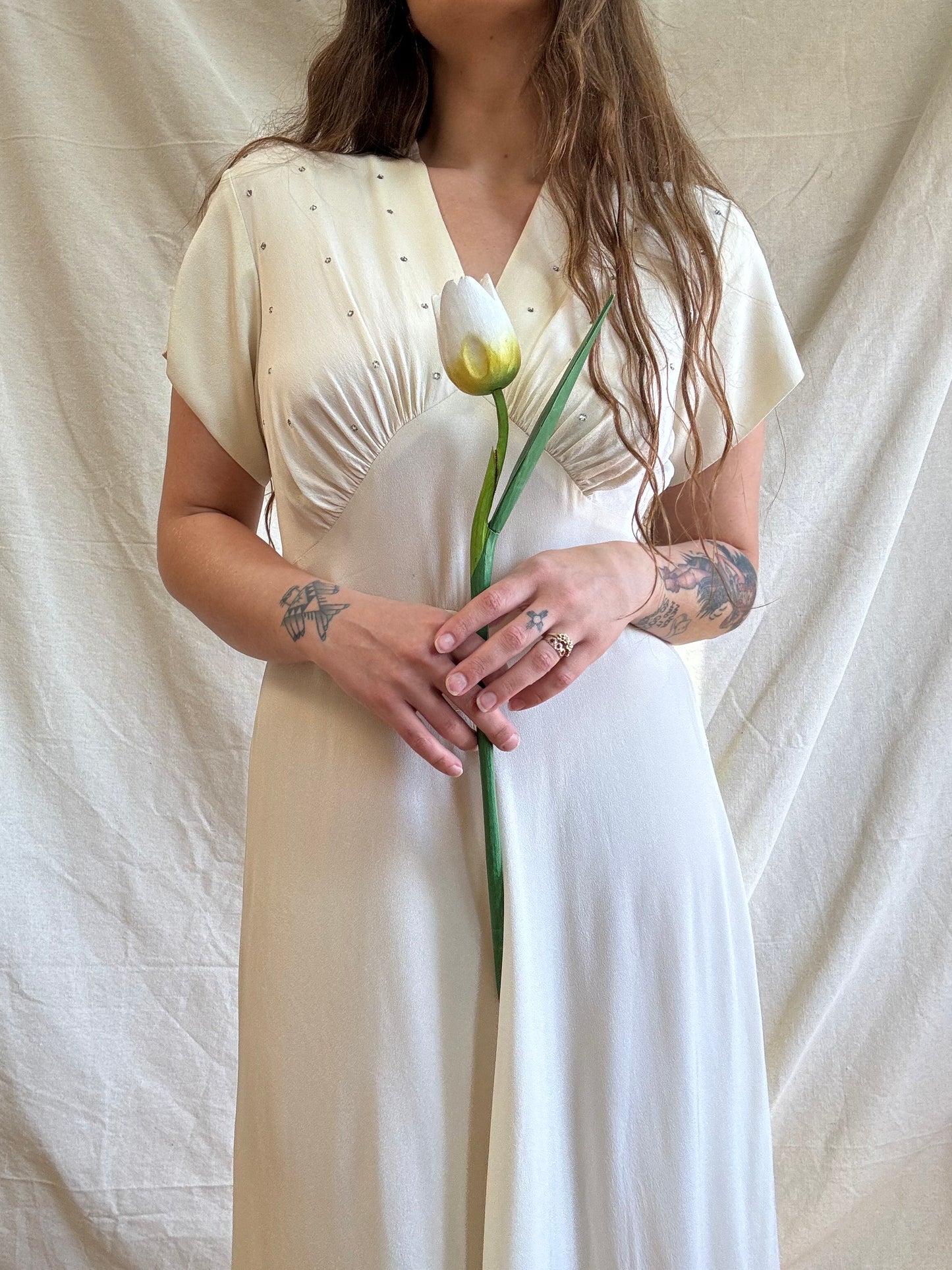 1940s Diamante Silk Crepe Bias Cut Gown