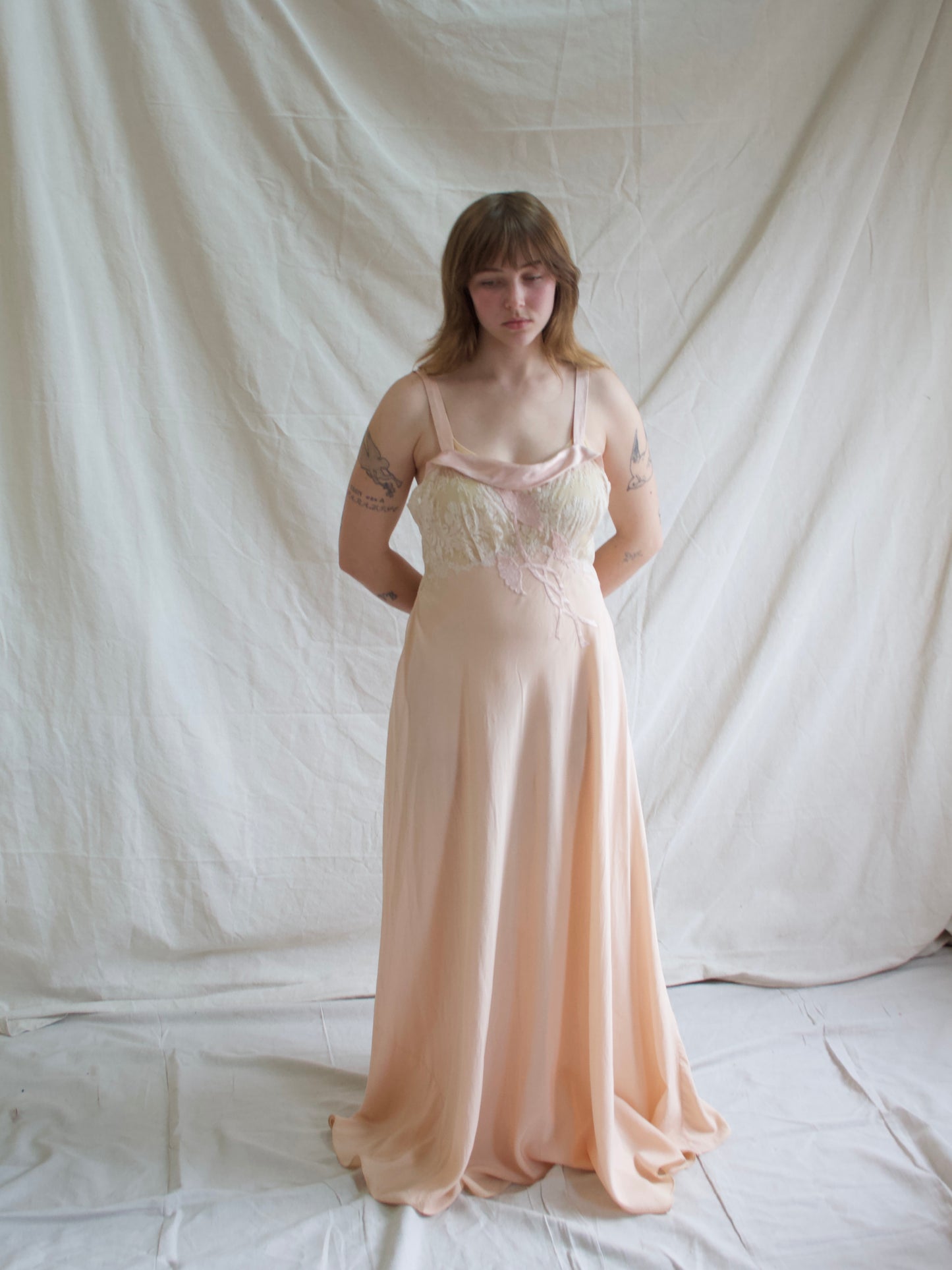 1930s Hand Sewn Bias Cut Silk Lace Floral Appliqués Slip Dress