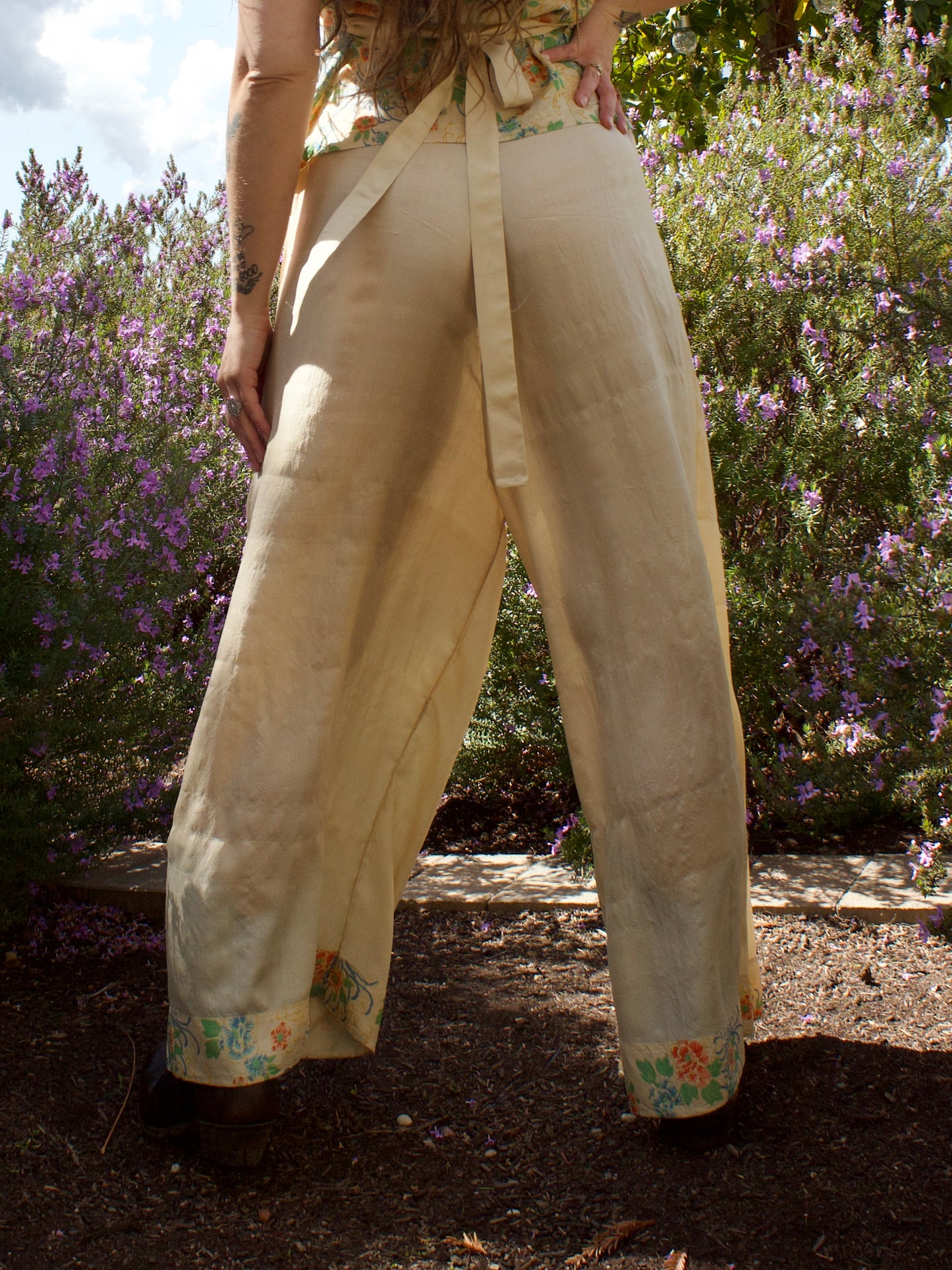 Antique 1920s Pongee Silk Flutter Sleeve 2 Piece Palazzo Pant Set