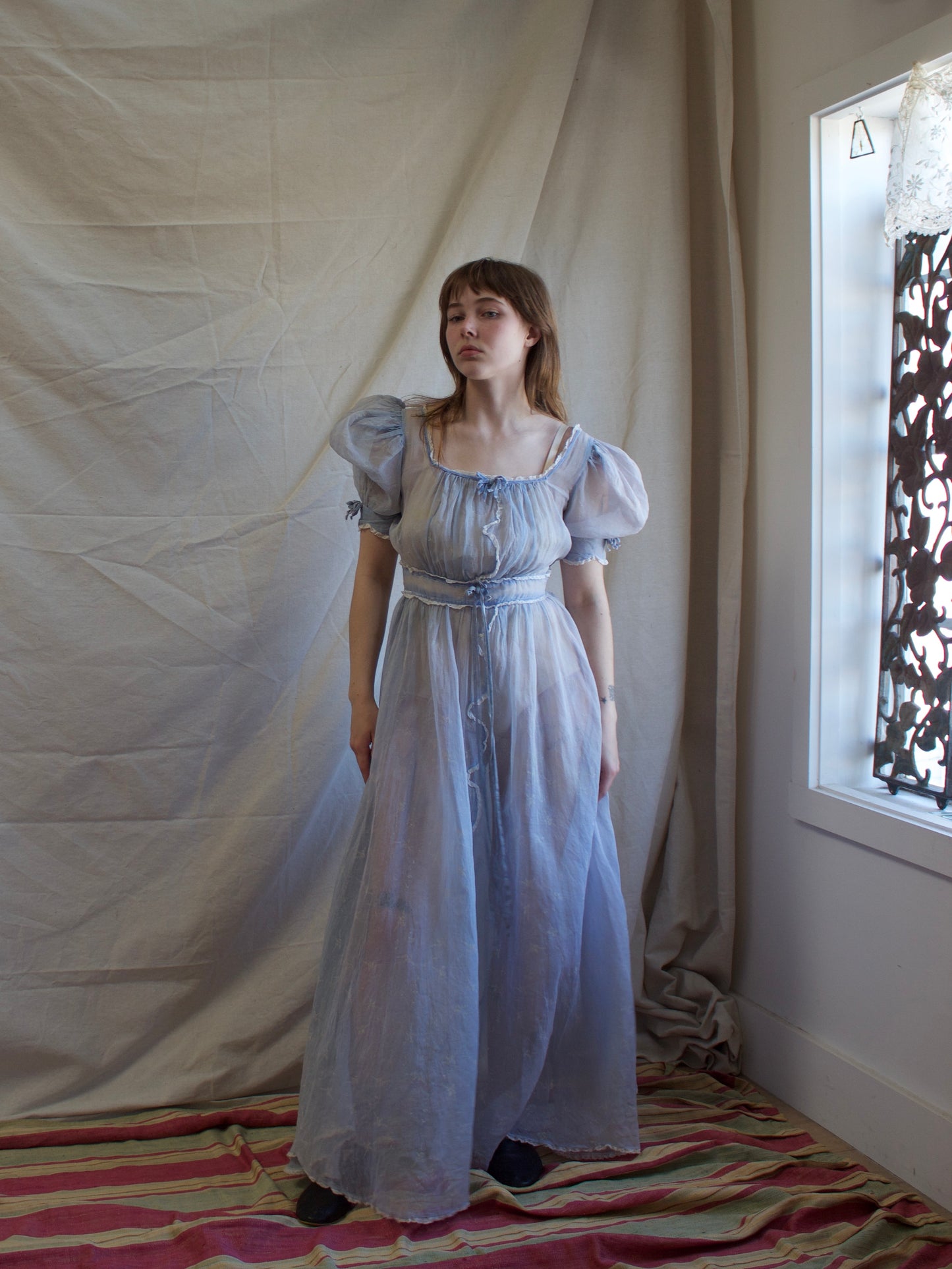 1940s Novelty Print Organza Puff Sleeve Ice Blue Dress