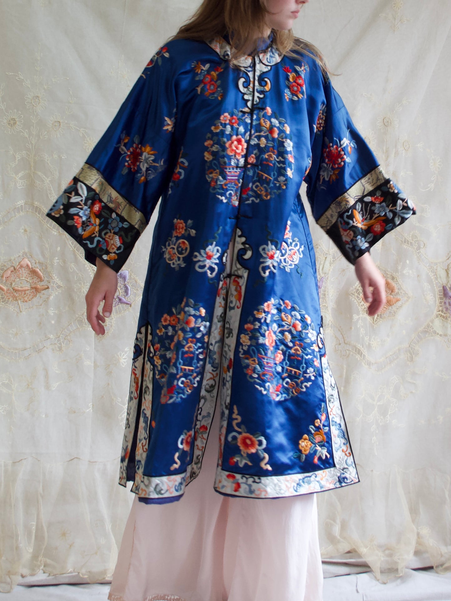 1940s Royal Blue Silk Chinese Mandarin Collar Robe