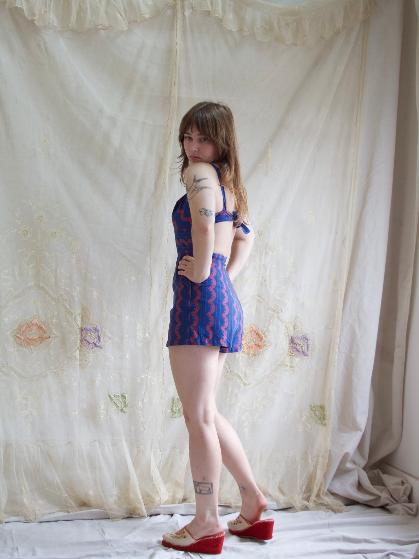 1940s Indigo Cotton Novelty Print Open-Tie-Back Side Button Playsuit