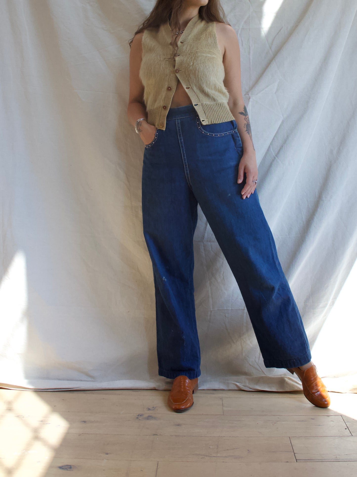 1950s Studded Dark Wash Side Zip Jeans