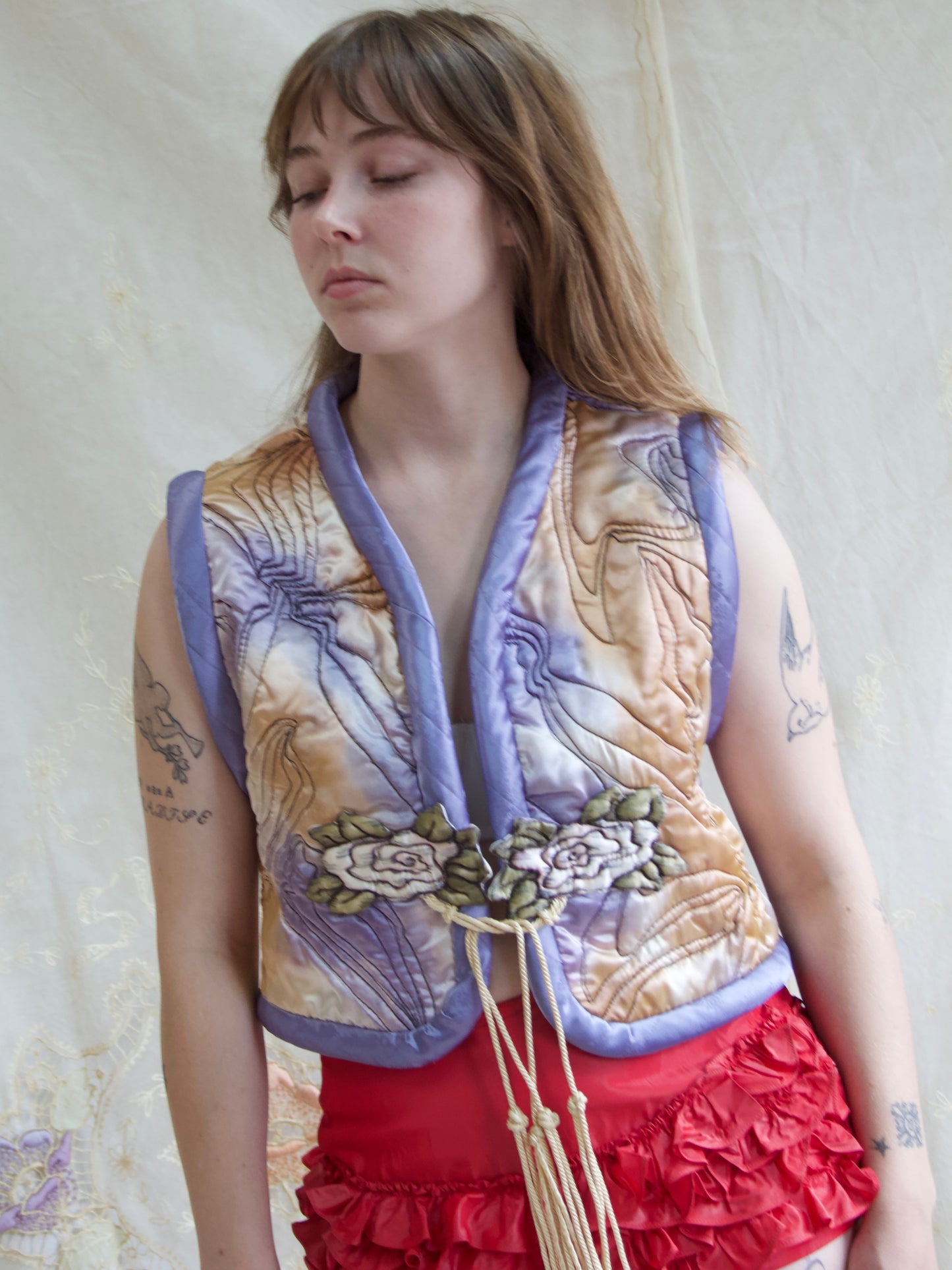 OOAK Vintage Hand Painted Quilted Silk/ Rayon Applique Vest