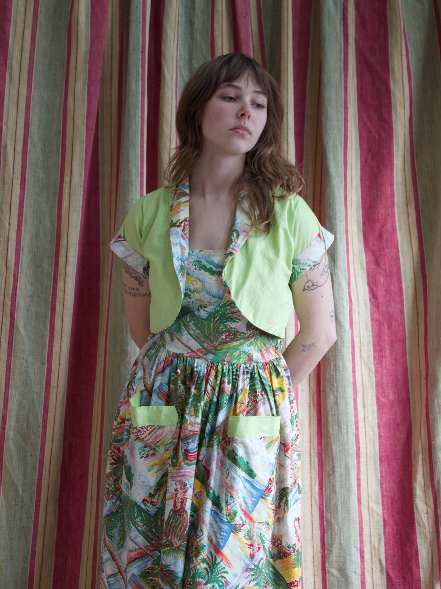 1940s 2 PC Hawaiian Print Cotton Sundress w* Chartreuse Bolero