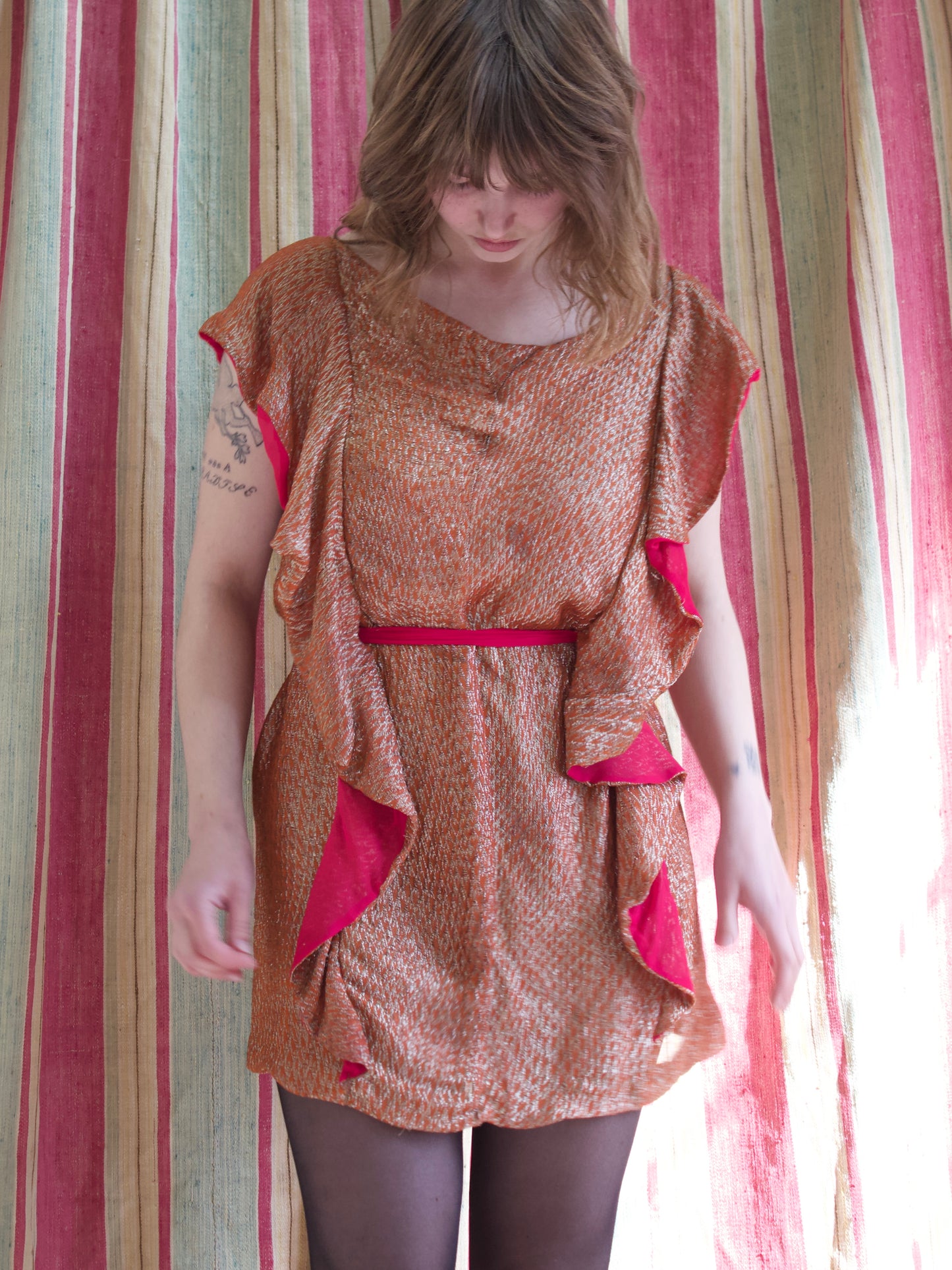 1930s Tangerine Lamé Ruffle Tunic w* Sash
