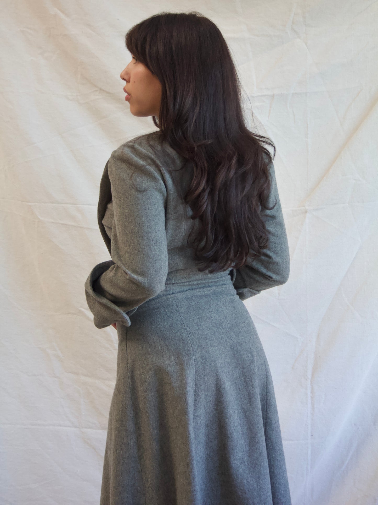 1940s 3D Rose and Embroidered Slate Grey Wool Button Front Dress
