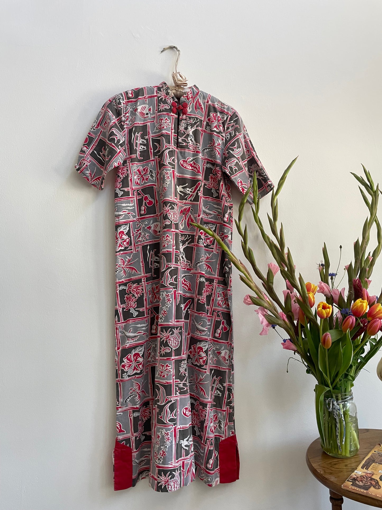 1930s Hawaiian Surf Print Cotton Mandarin Collar Dress