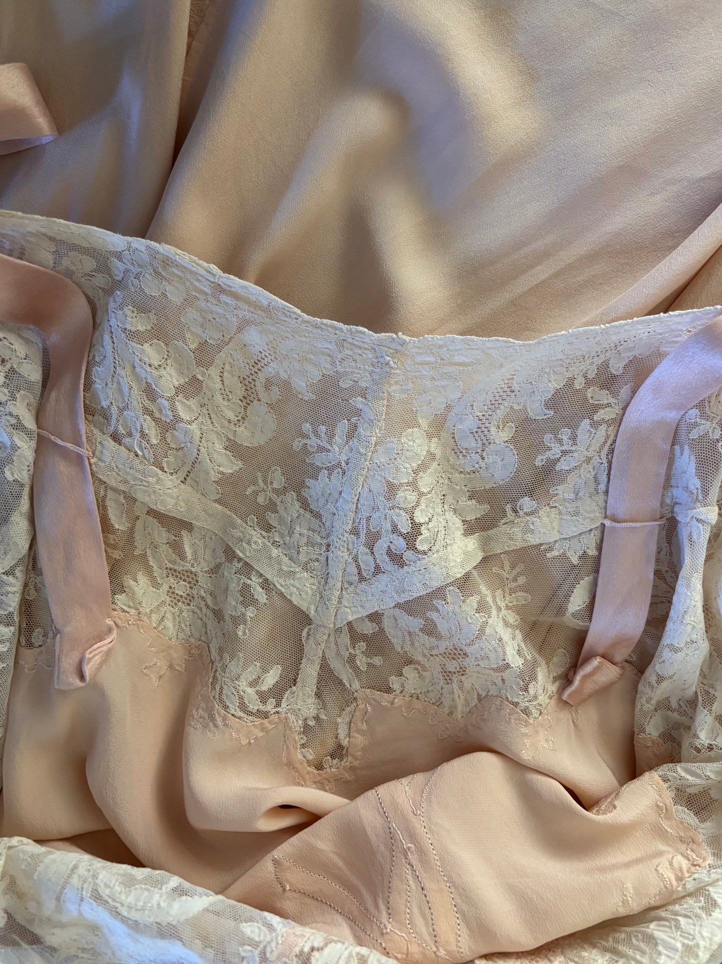 1930s Hand Sewn Bias Cut Silk Lace Floral Appliqués Slip Dress