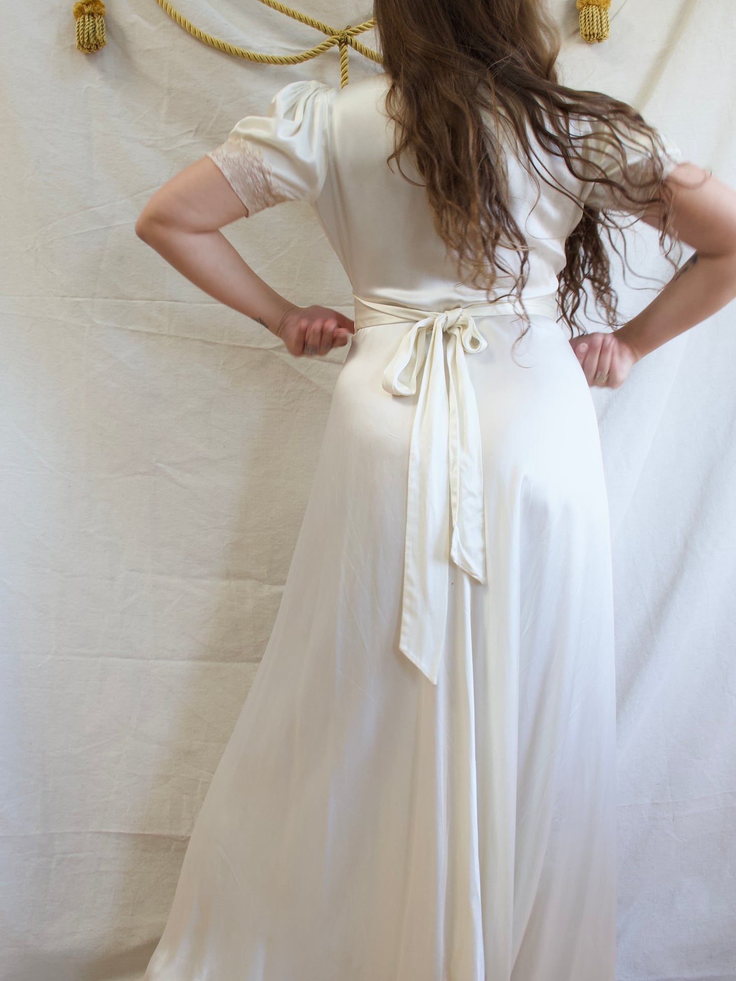 Late 1930s Liquid Silk Satin Trained Zip Front Inset Lace Gown