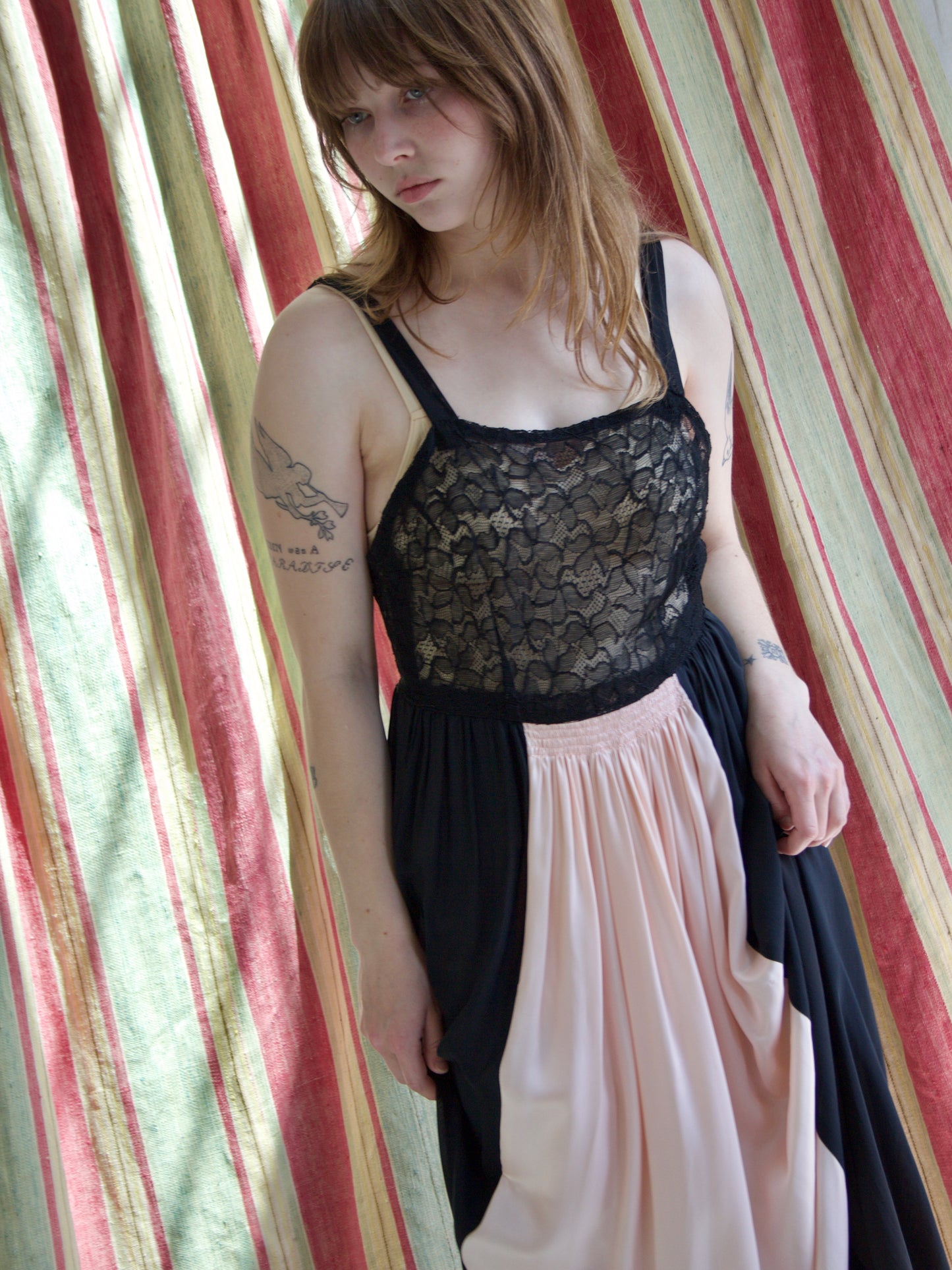 1930s Colorblock Lace & Rayon Satin Slip Dress