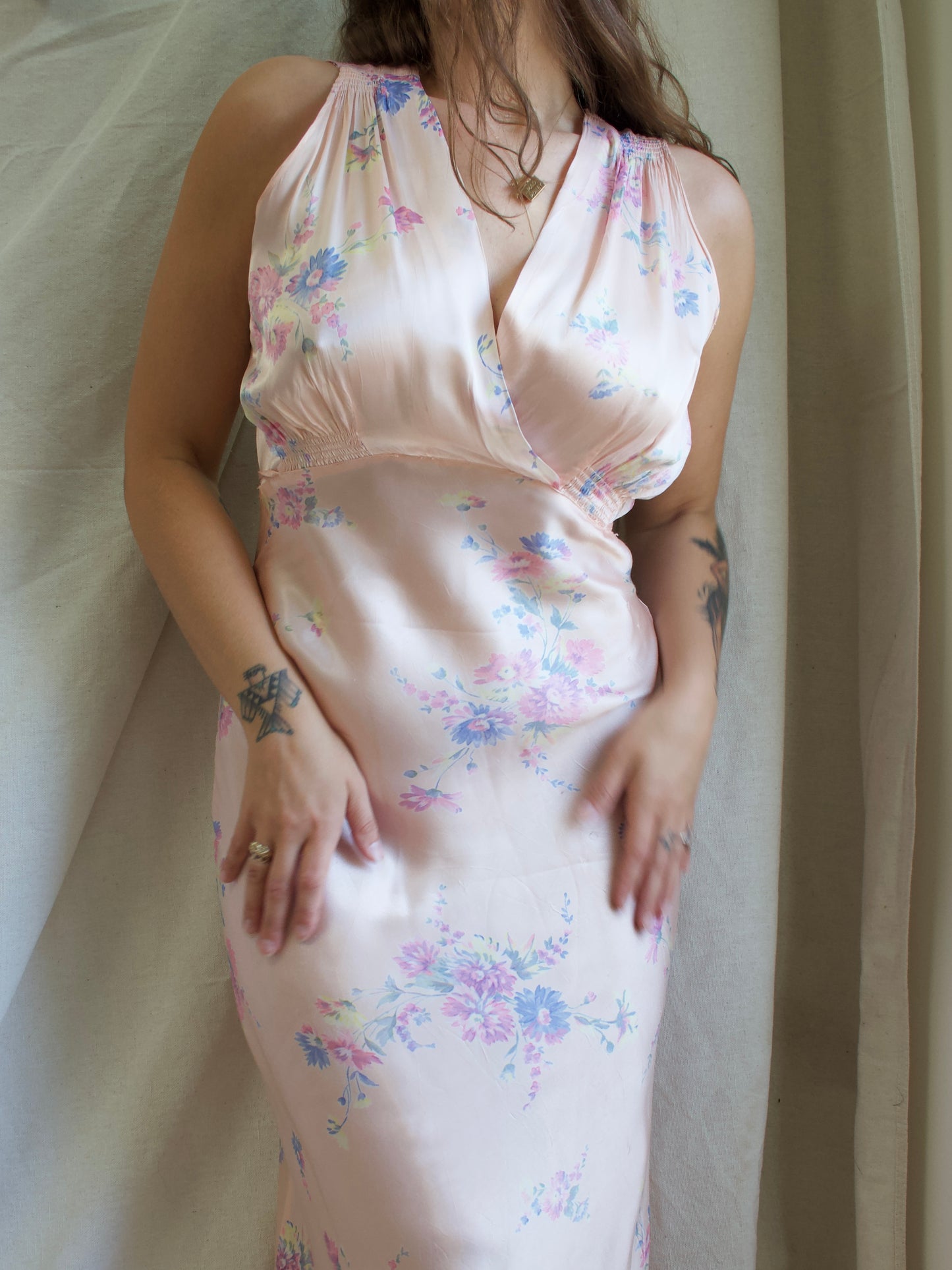 1930s Floral Satin Bias Cut Slip Dress