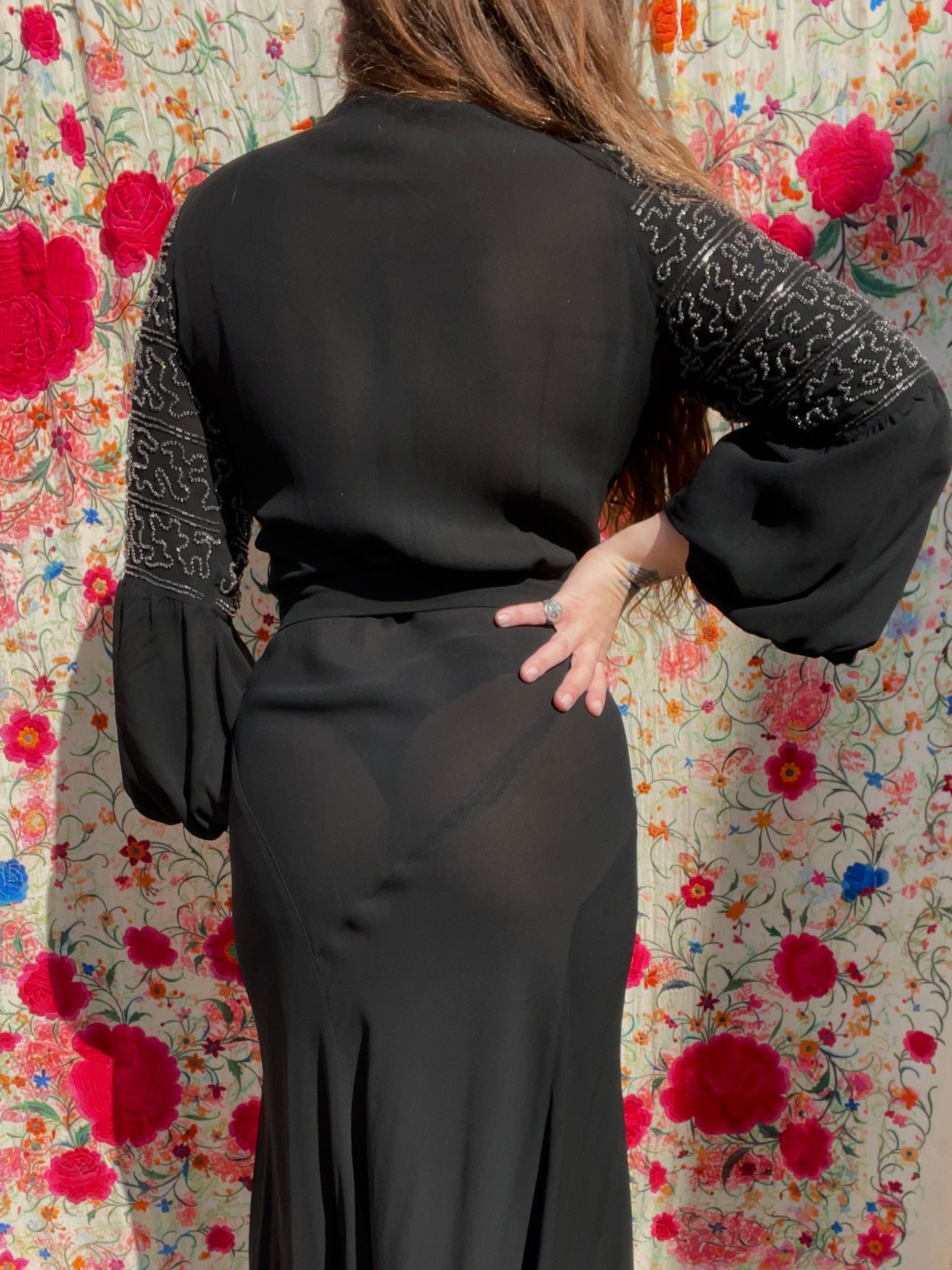 1930s Deco Jet Black Silk Crepe Glass Beaded Bishop Sleeve Dress