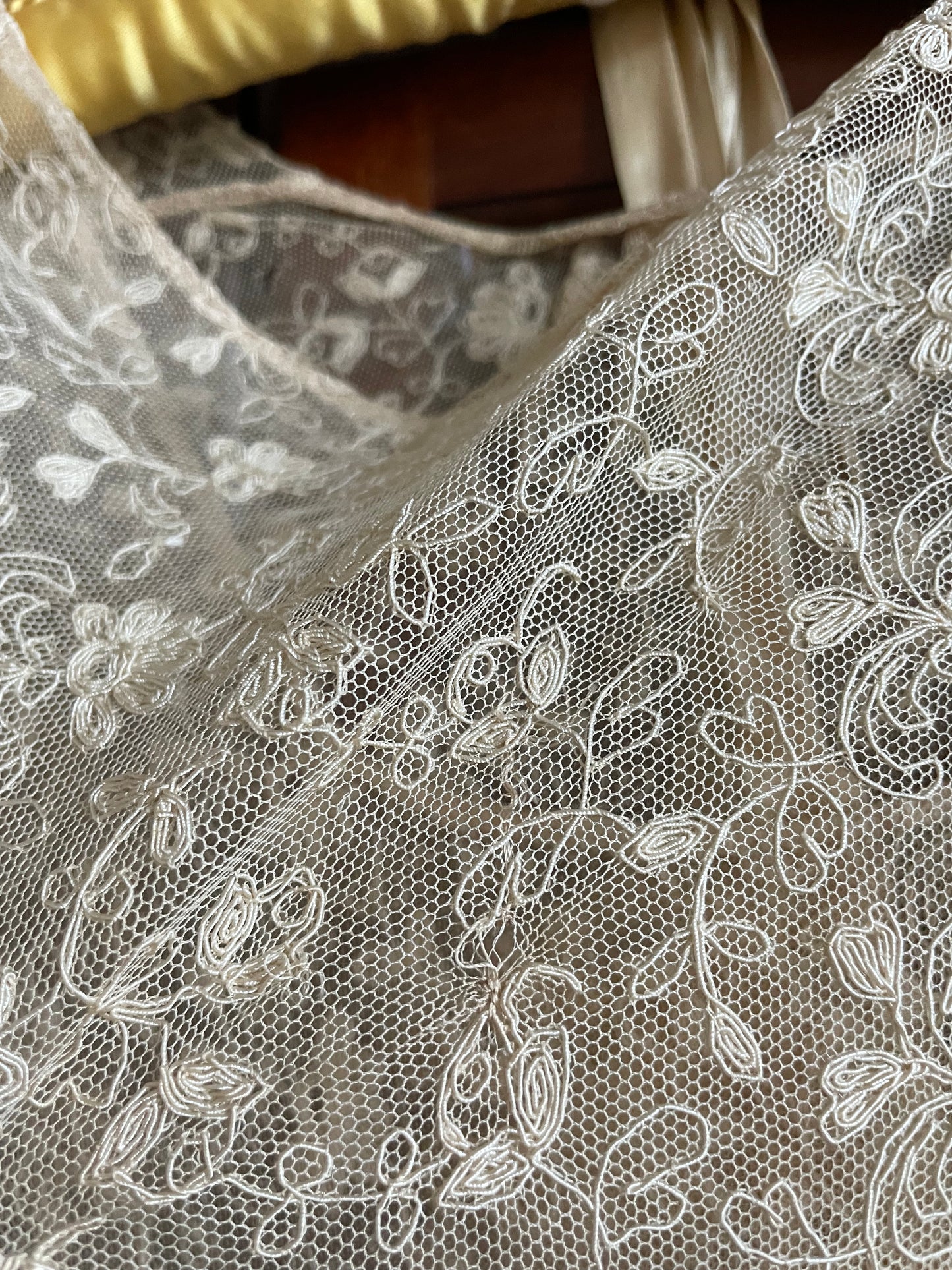 1930s Three Piece Ecru Tambour Lace Flutter Sleeve Gown