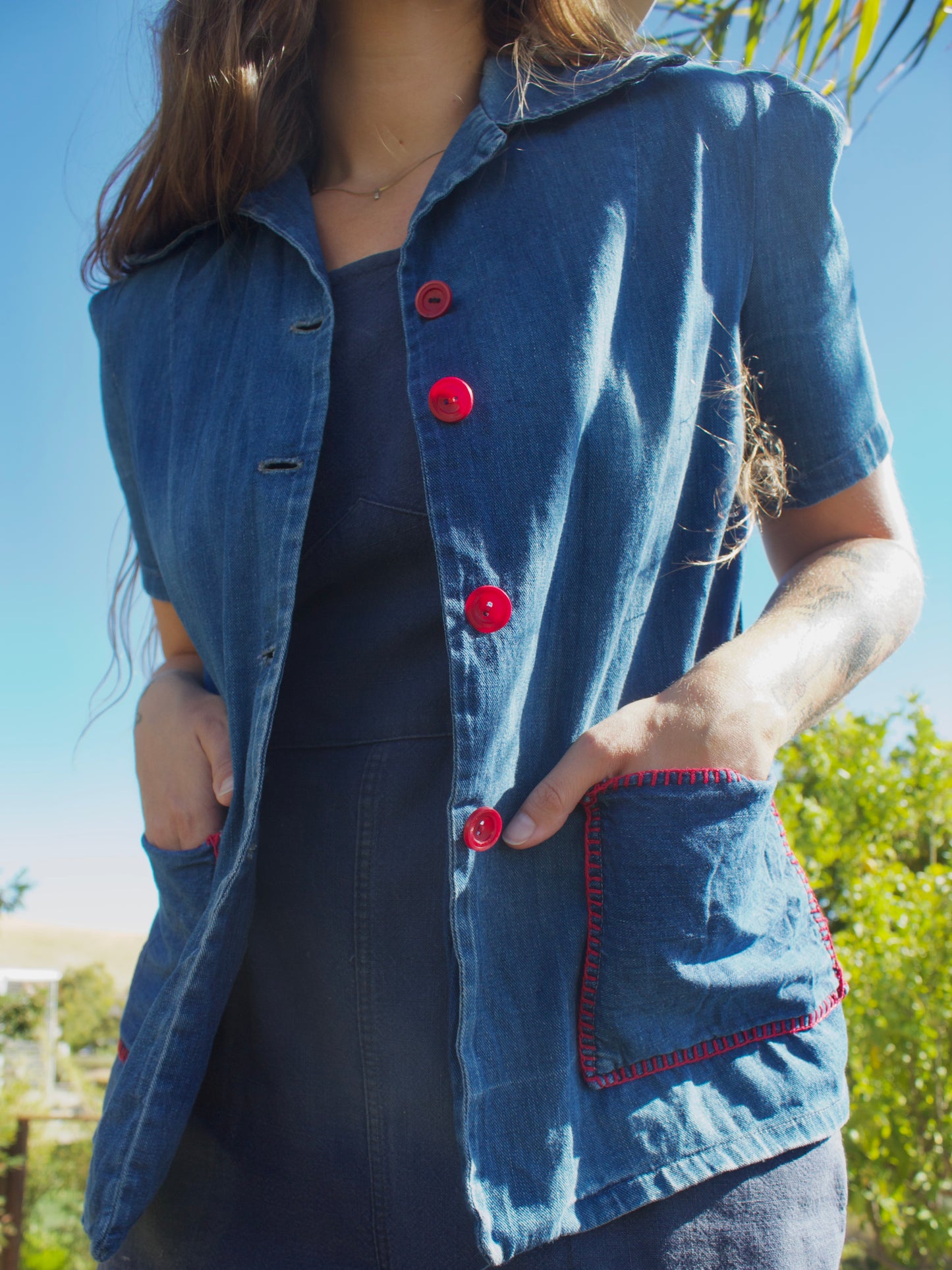 1940s Ladies Puff Sleeve Denim Blanket Stitch Workwear Blouse Jacket