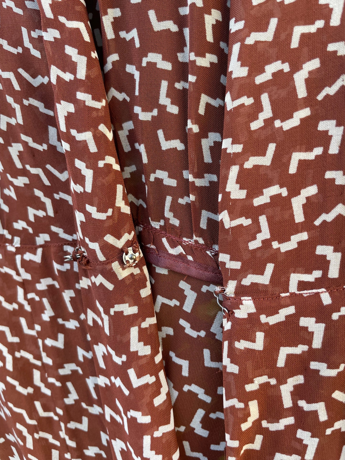 1930s Printed Chocolate Brown Chiffon Over Dress