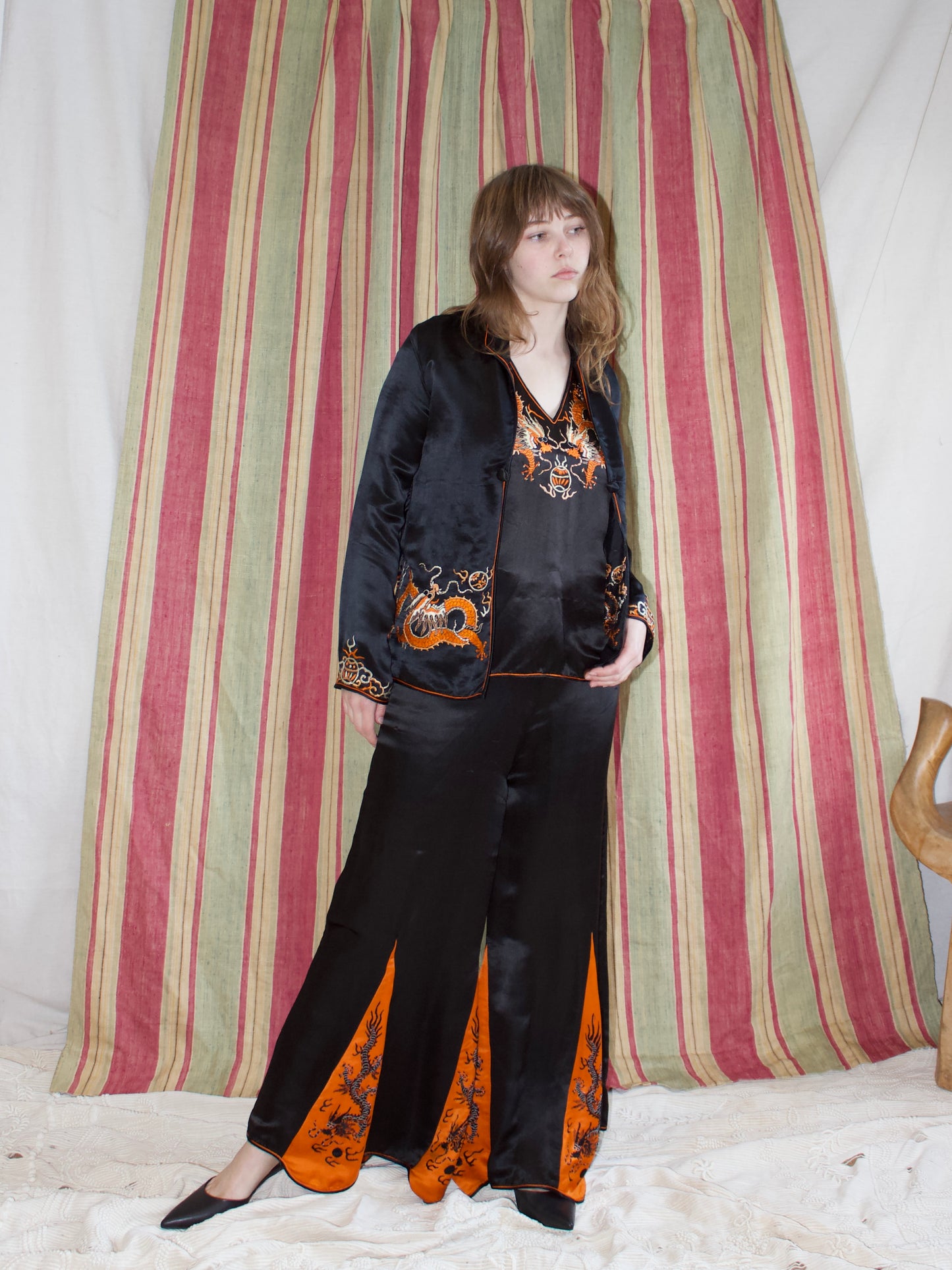 Antique 1920s Silk Wide Leg Chinese Dragon Embroidered 3 PC Lounging Pajamas