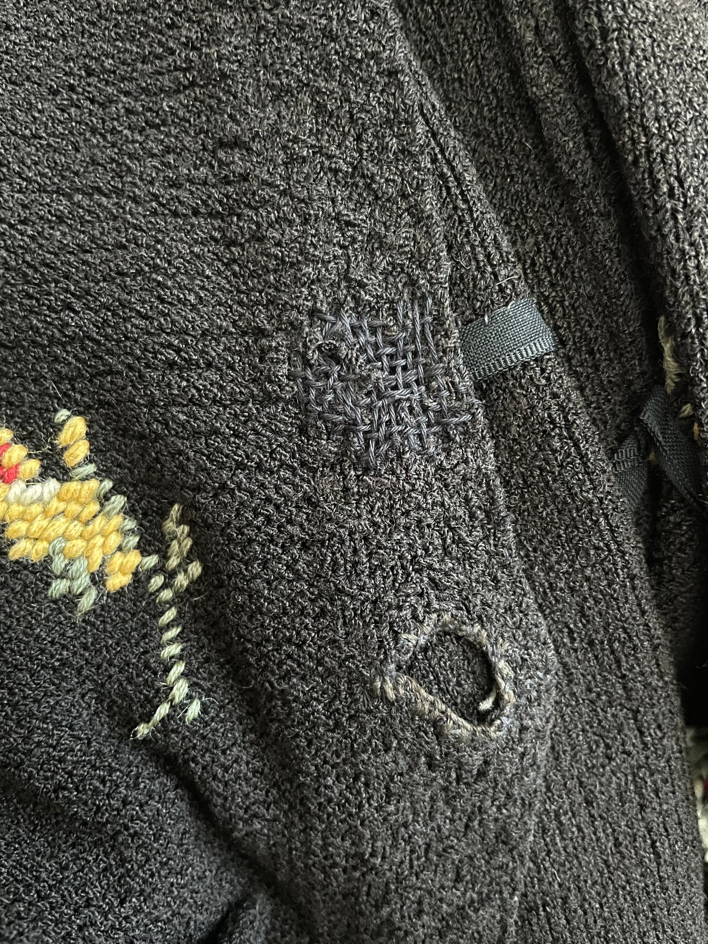 1920s Belgian Cotton Knit Hand Embroidered Floral Pocket Cardigan
