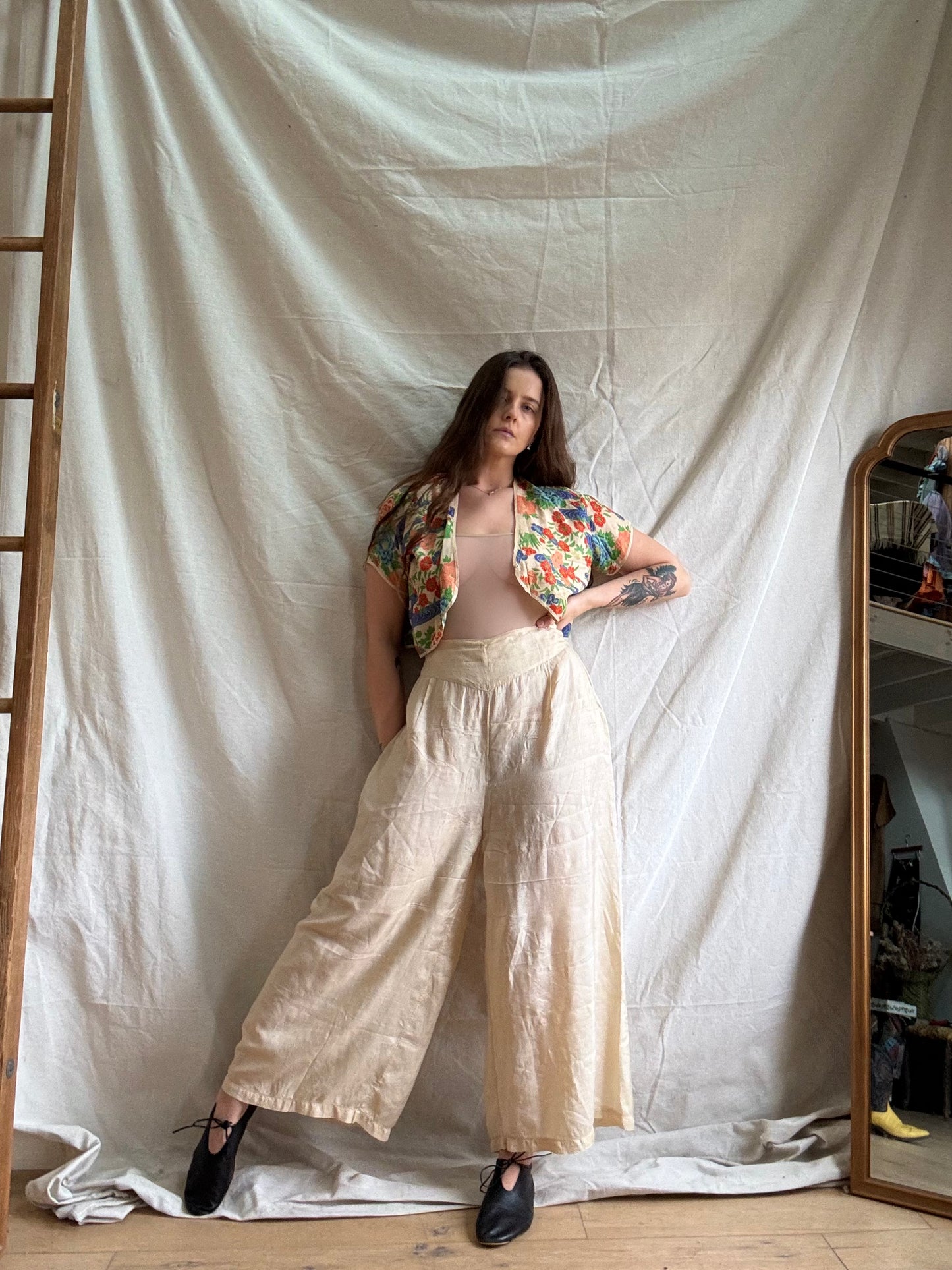 Antique 1920s Two Piece Japanese Pongee Silk Palazzo Pant Set
