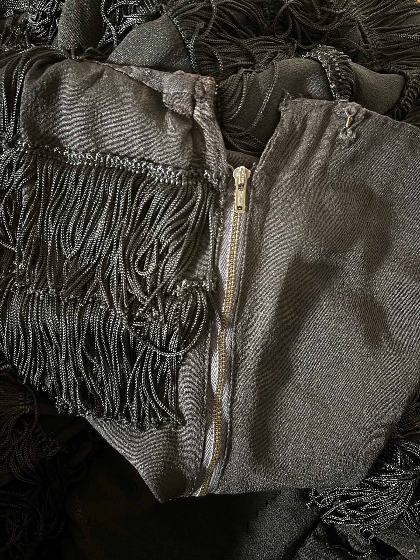 Rare 1940s Halter Style Floor Length Fringe Crepe Gown