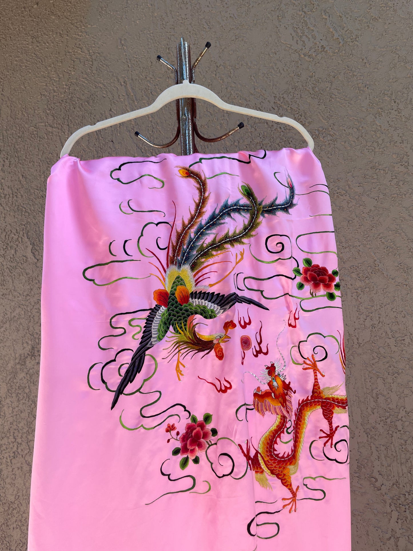 1940s Pepto Pink Chinese Loop Fringe Piano Shawl