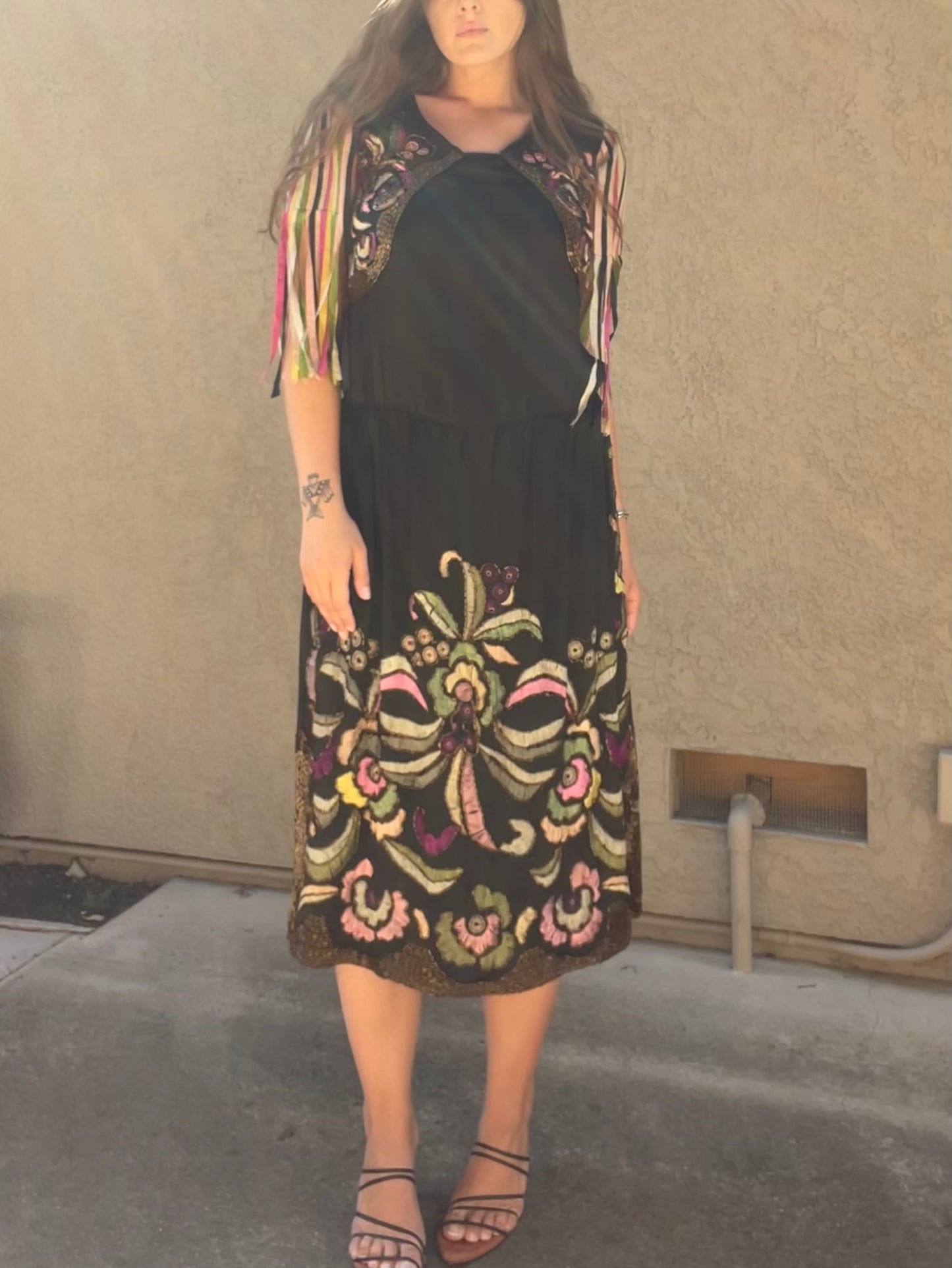 RARE 1920s Art Nouveau Hand Beaded Rainbow Silk Ribbon Sleeved Dress