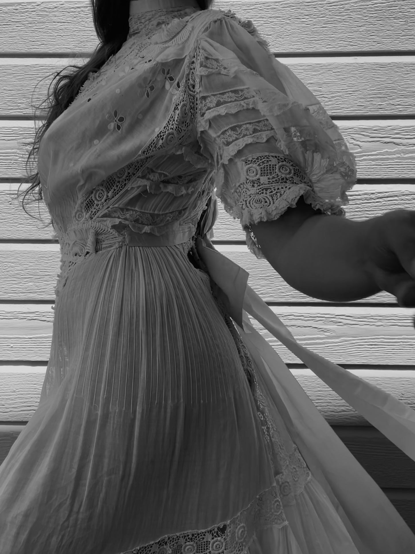 Early 1900s Fine Cotton & Lace High Neck Wedding Dress