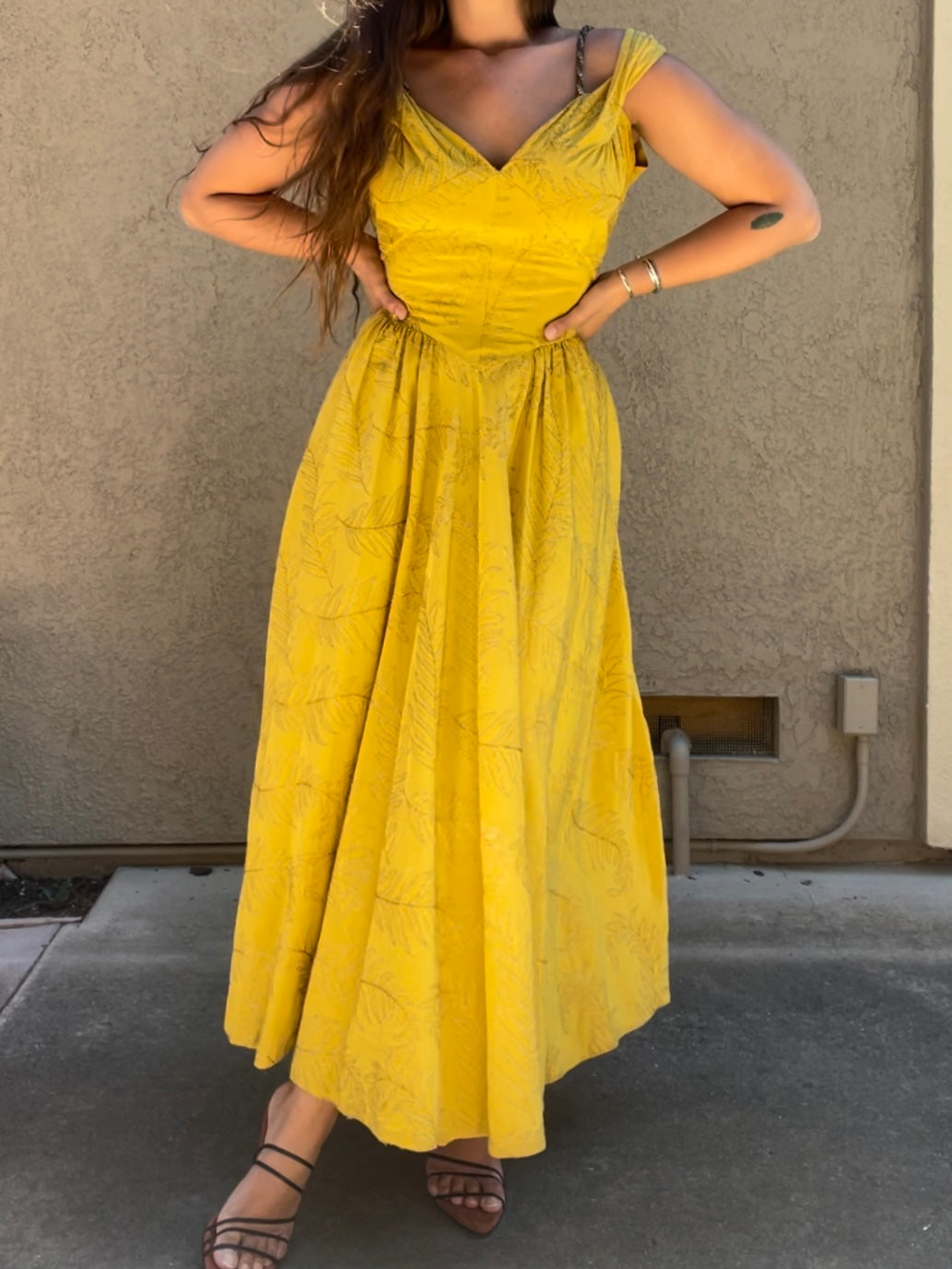1940s Marigold Lamé Embroidered Leaf Gown