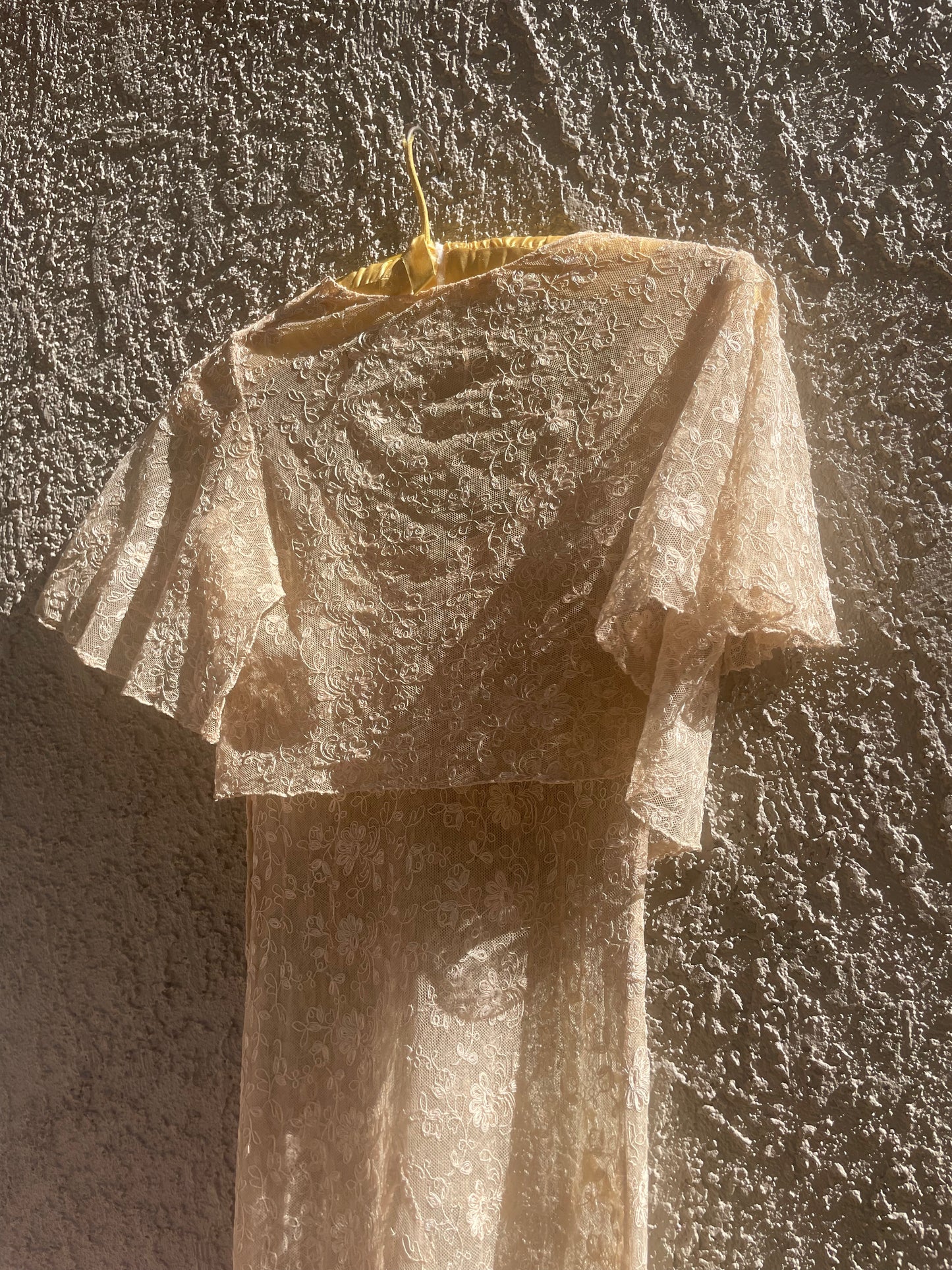 1930s Three Piece Ecru Tambour Lace Flutter Sleeve Gown