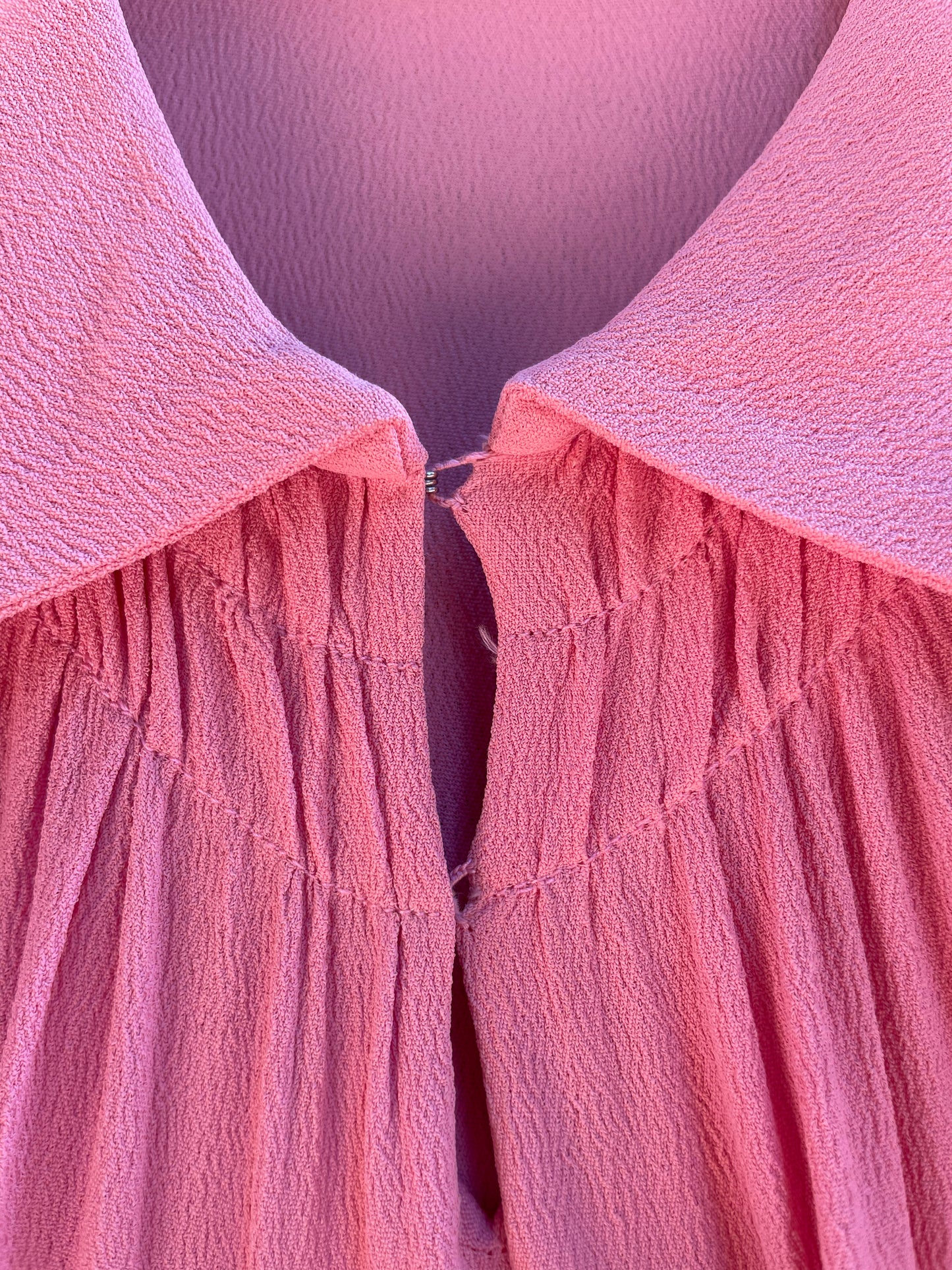1930s Bubble Gum Pink Wool Embroidered Flower Basket Rayon Crepe Balloon Sleeve Dress