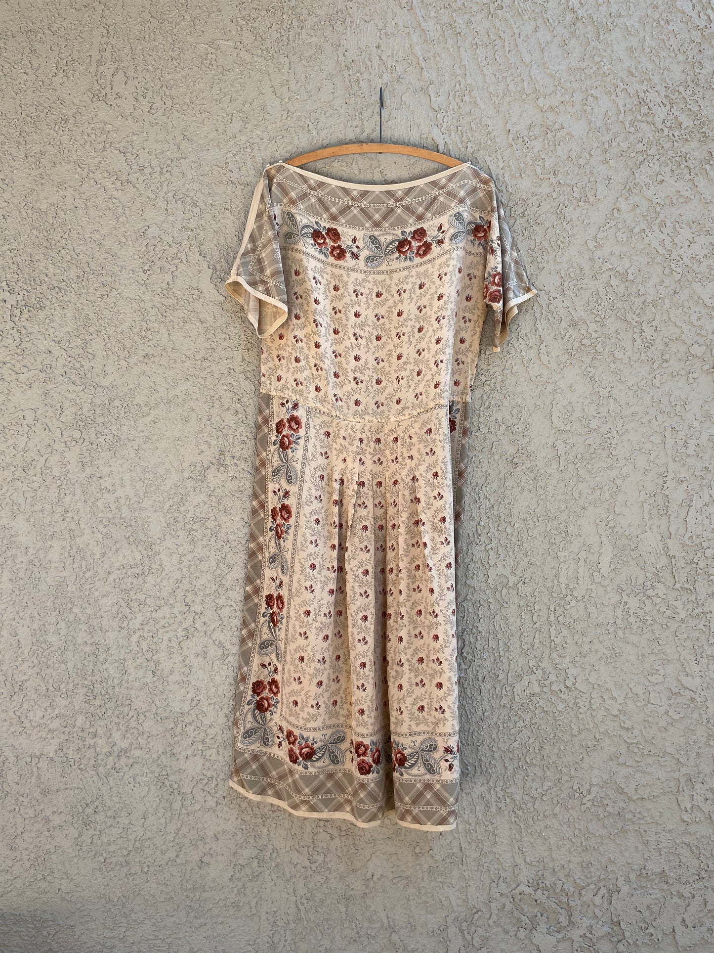 1960s Silk Floral Scarf Print Drop Waist Midi Length Dress
