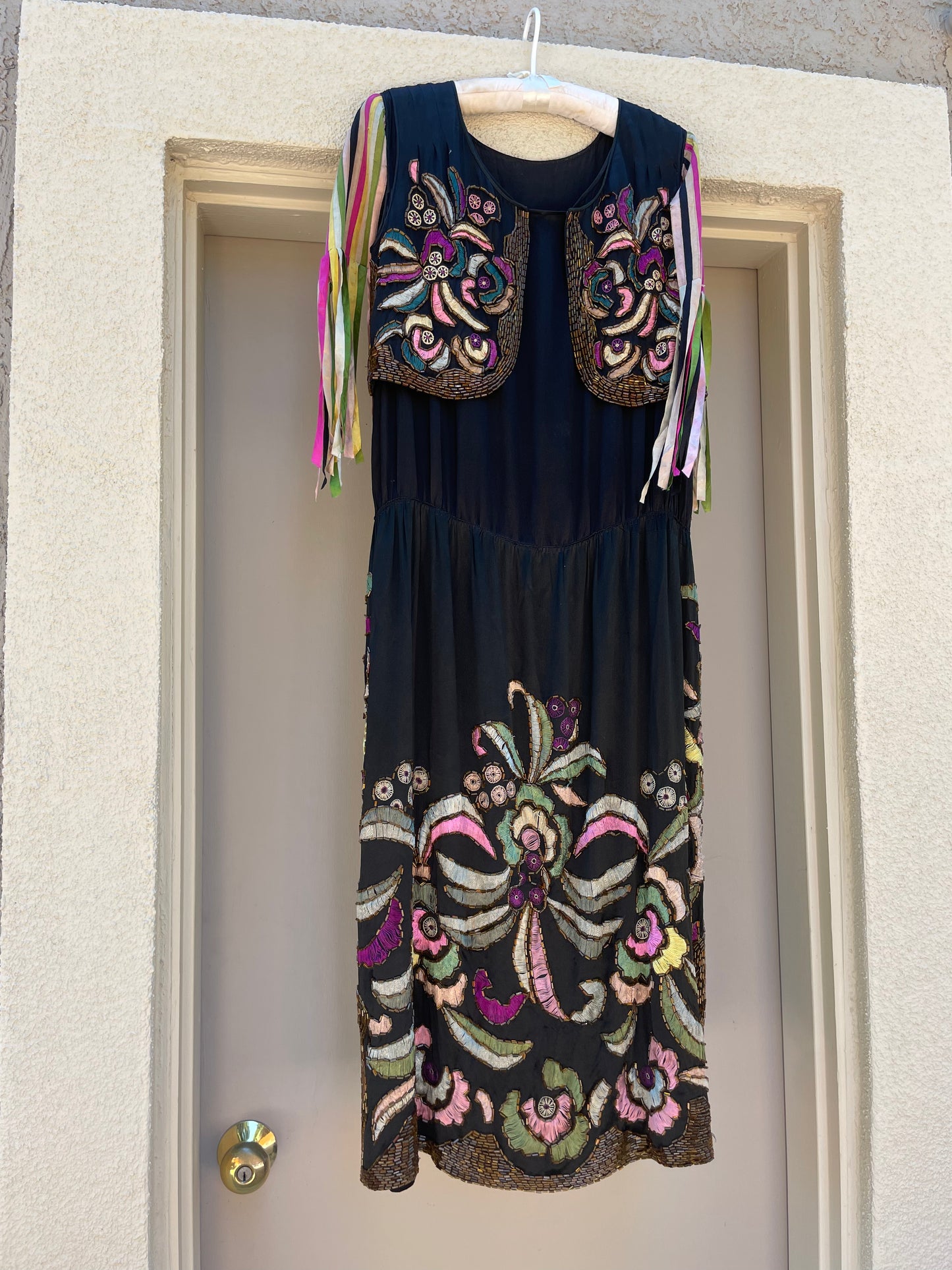 RARE 1920s Art Nouveau Hand Beaded Rainbow Silk Ribbon Sleeved Dress