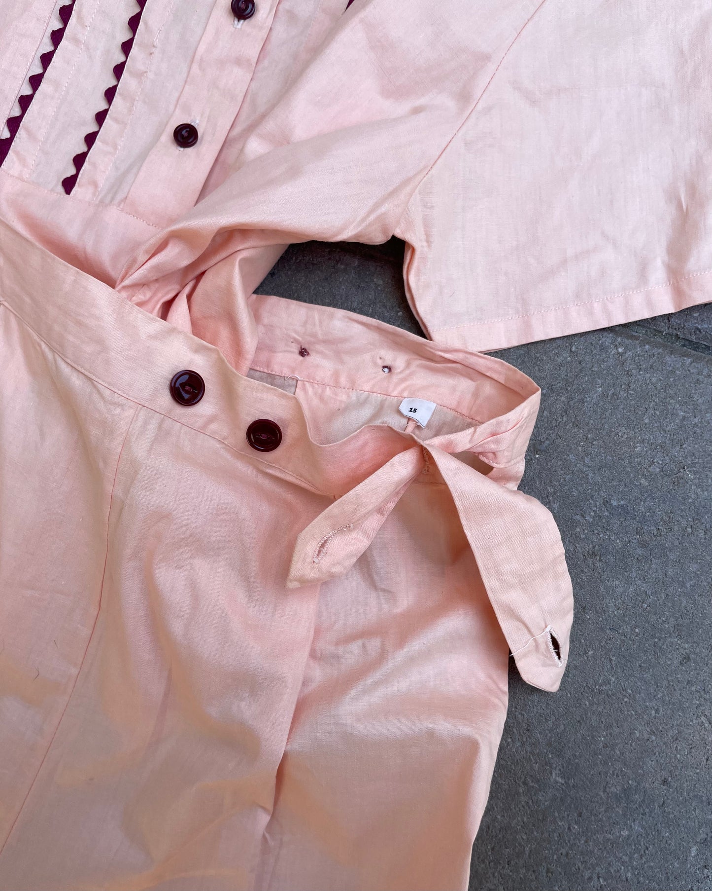 1940s Deadstock* Pastel Peach Crisp Cotton Side Button Two Piece Pant Suit