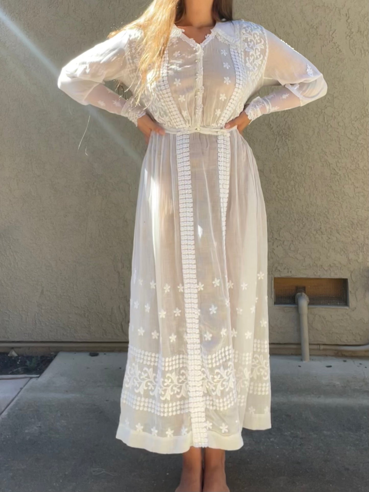 Antique 1910s Edwardian Whitework Cotton Lawn Sailor Collar Dress