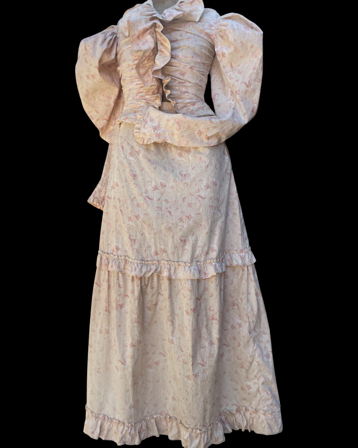 Late 19th C Pink Paisley Calico Gigot Sleeve-Ruched Front Dress