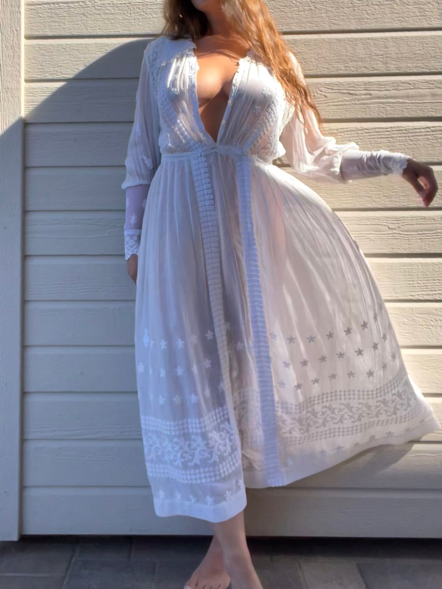 Antique 1910s Edwardian Whitework Cotton Lawn Sailor Collar Dress