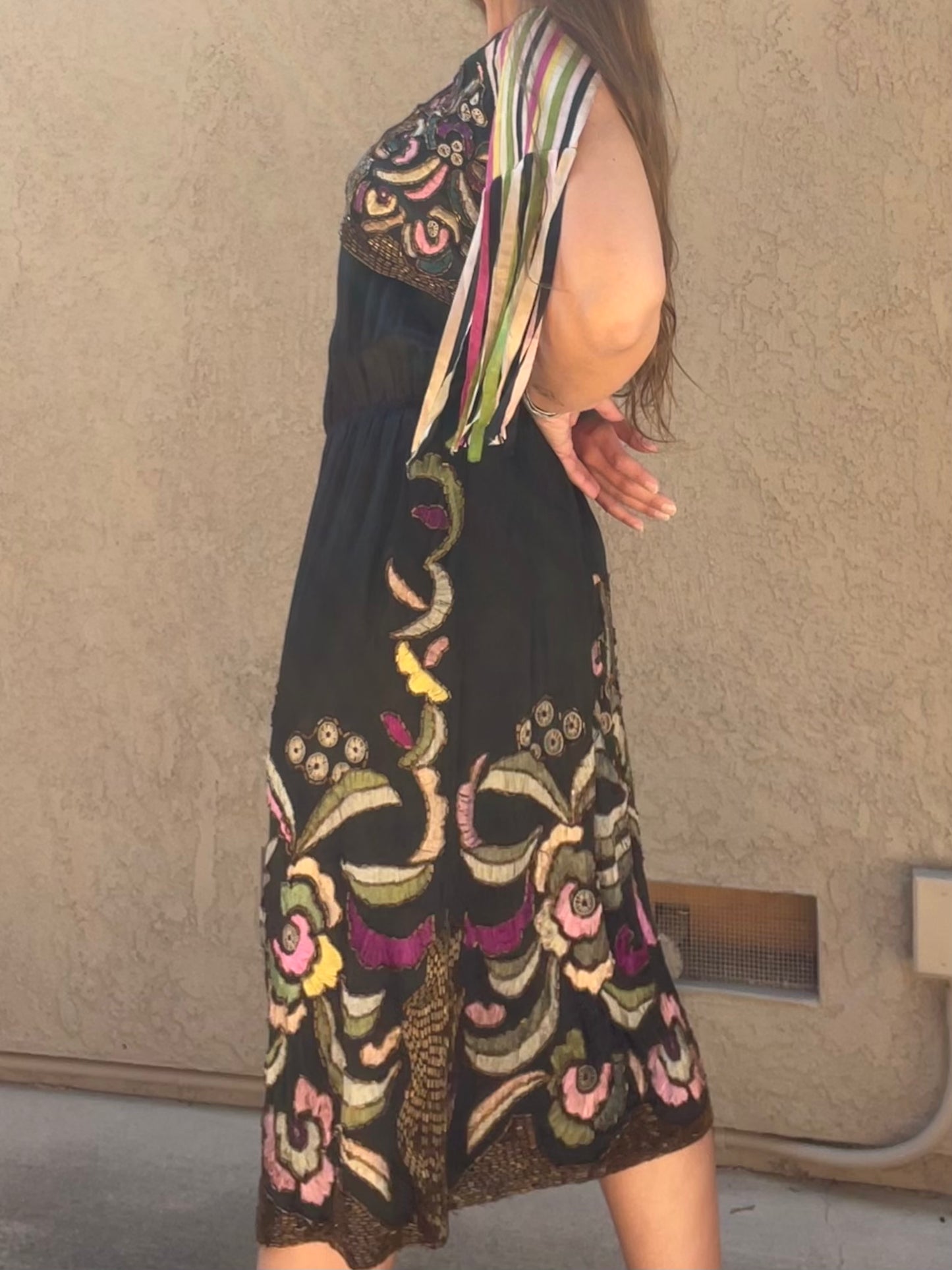 RARE 1920s Art Nouveau Hand Beaded Rainbow Silk Ribbon Sleeved Dress