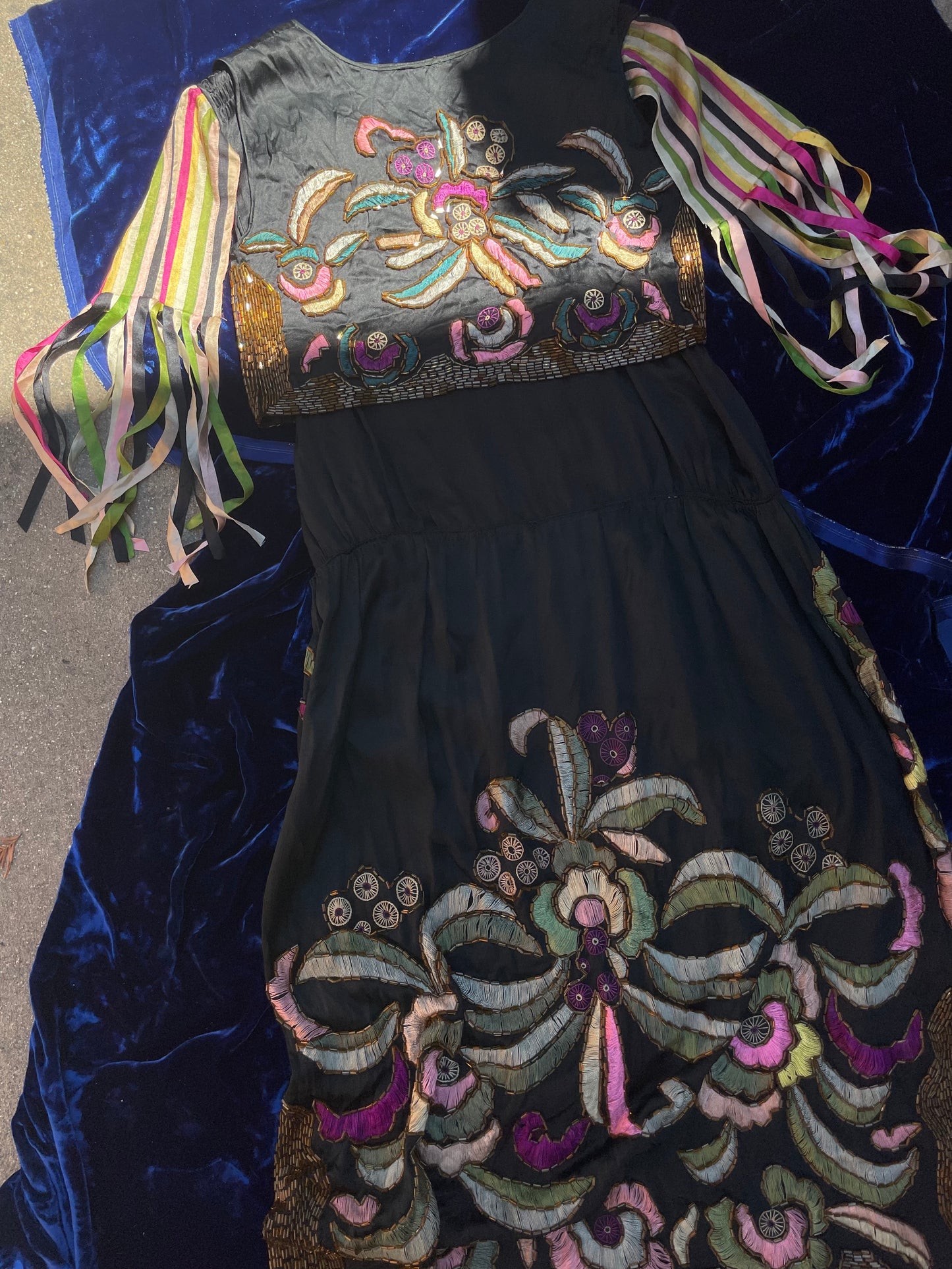 RARE 1920s Art Nouveau Hand Beaded Rainbow Silk Ribbon Sleeved Dress